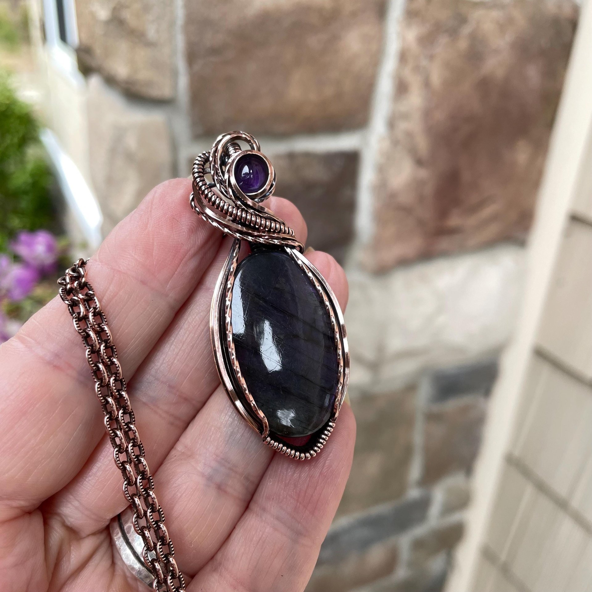 Purple Labradorite & Amethyst Oval Copper Pendant