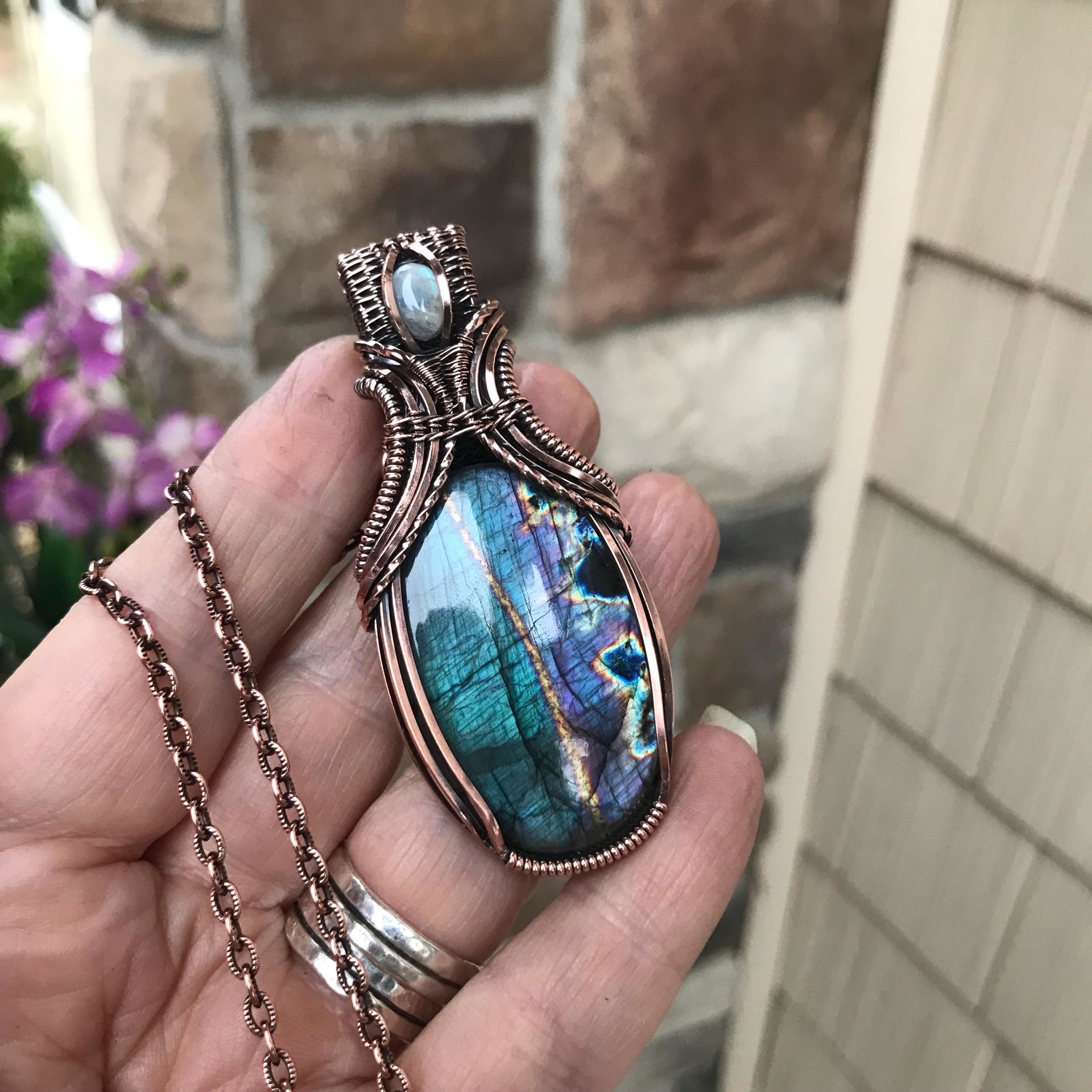Teal Labradorite & Moonstone Copper Pendant with Weaving