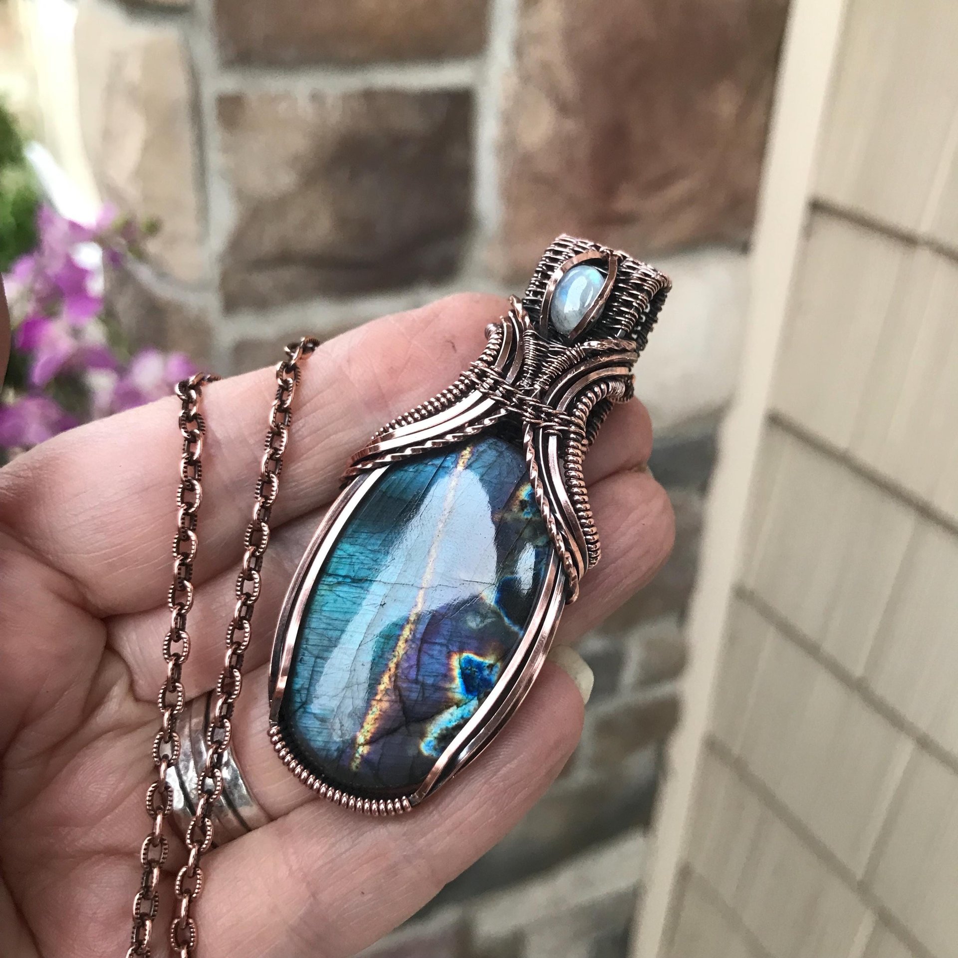 Teal Labradorite & Moonstone Copper Pendant with Weaving