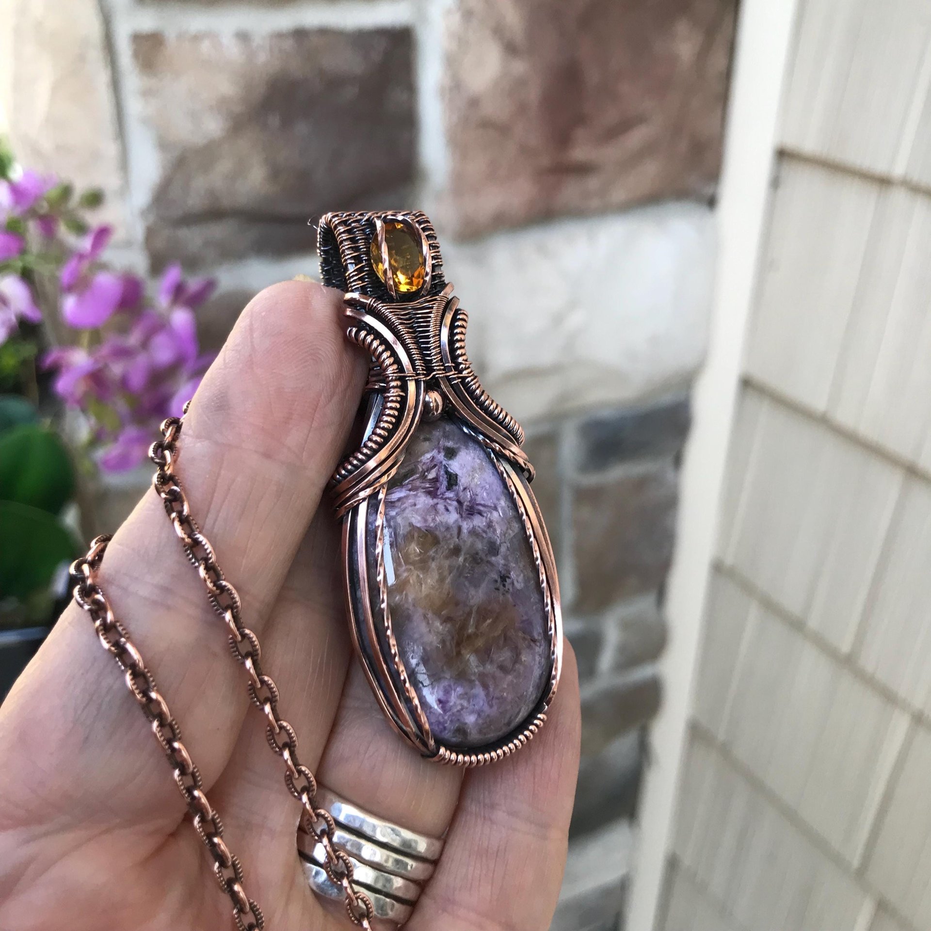 Charoite & Citrine Oval Copper Pendant