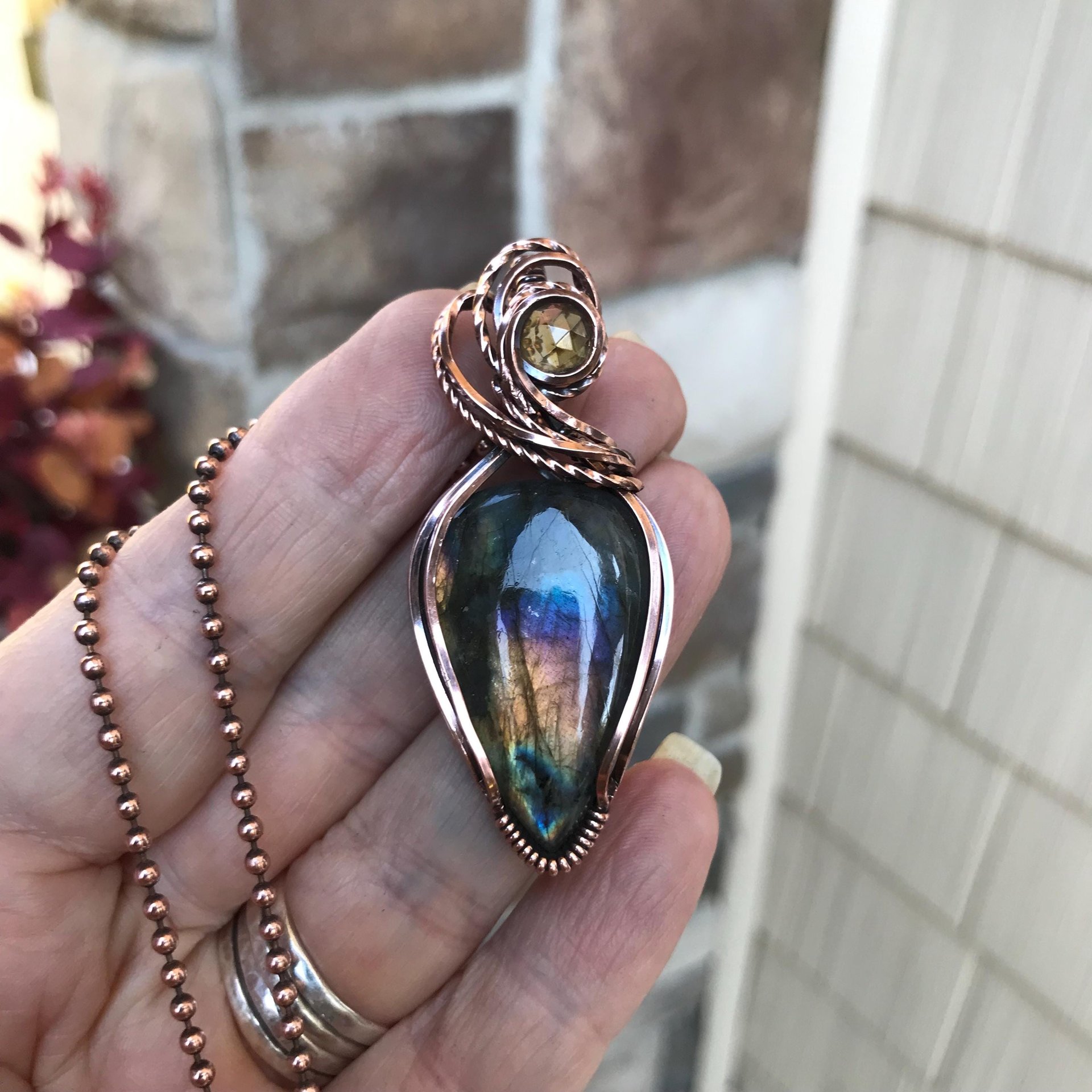 Rainbow Labradorite & Citrine Copper Pendant