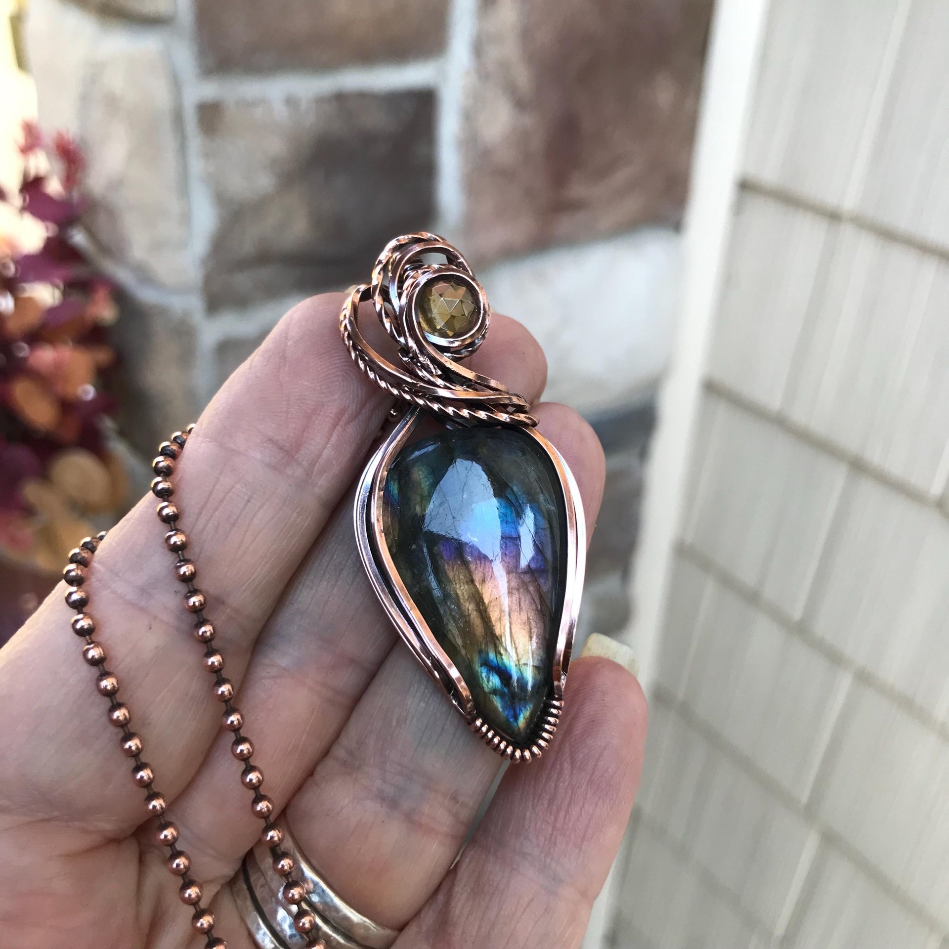 Rainbow Labradorite & Citrine Copper Pendant