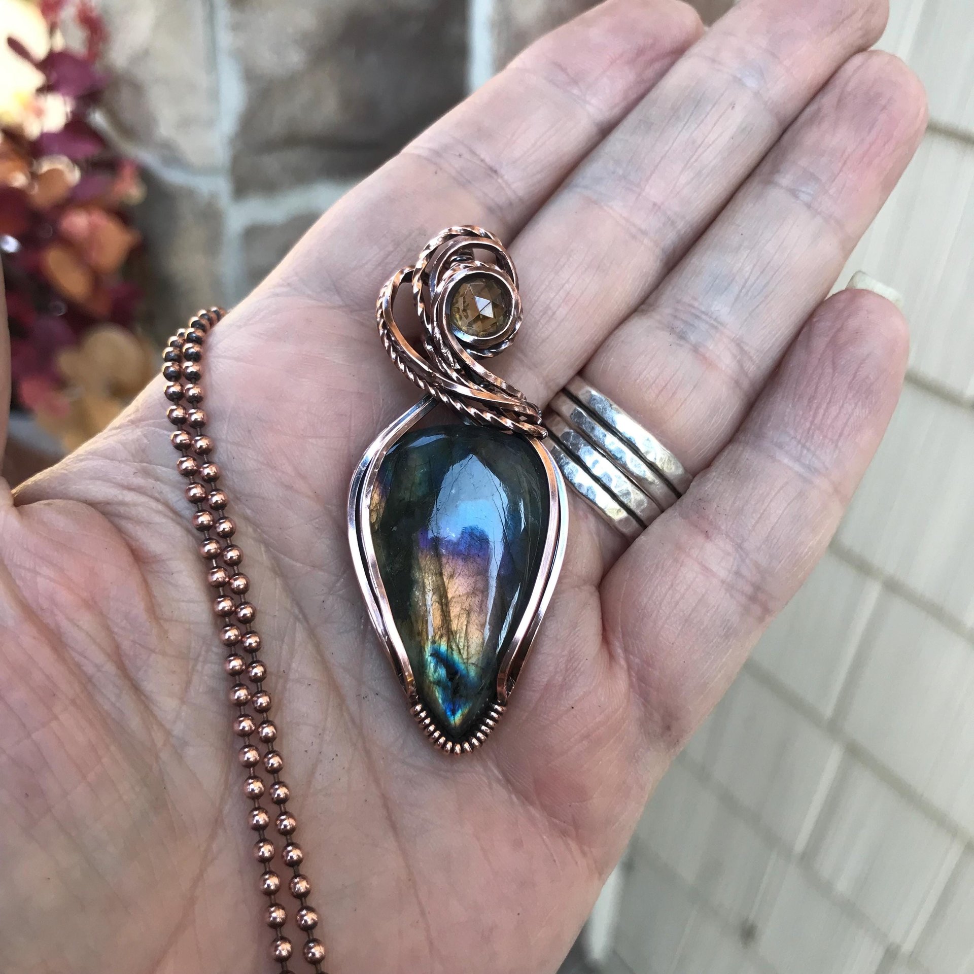 Rainbow Labradorite & Citrine Copper Pendant
