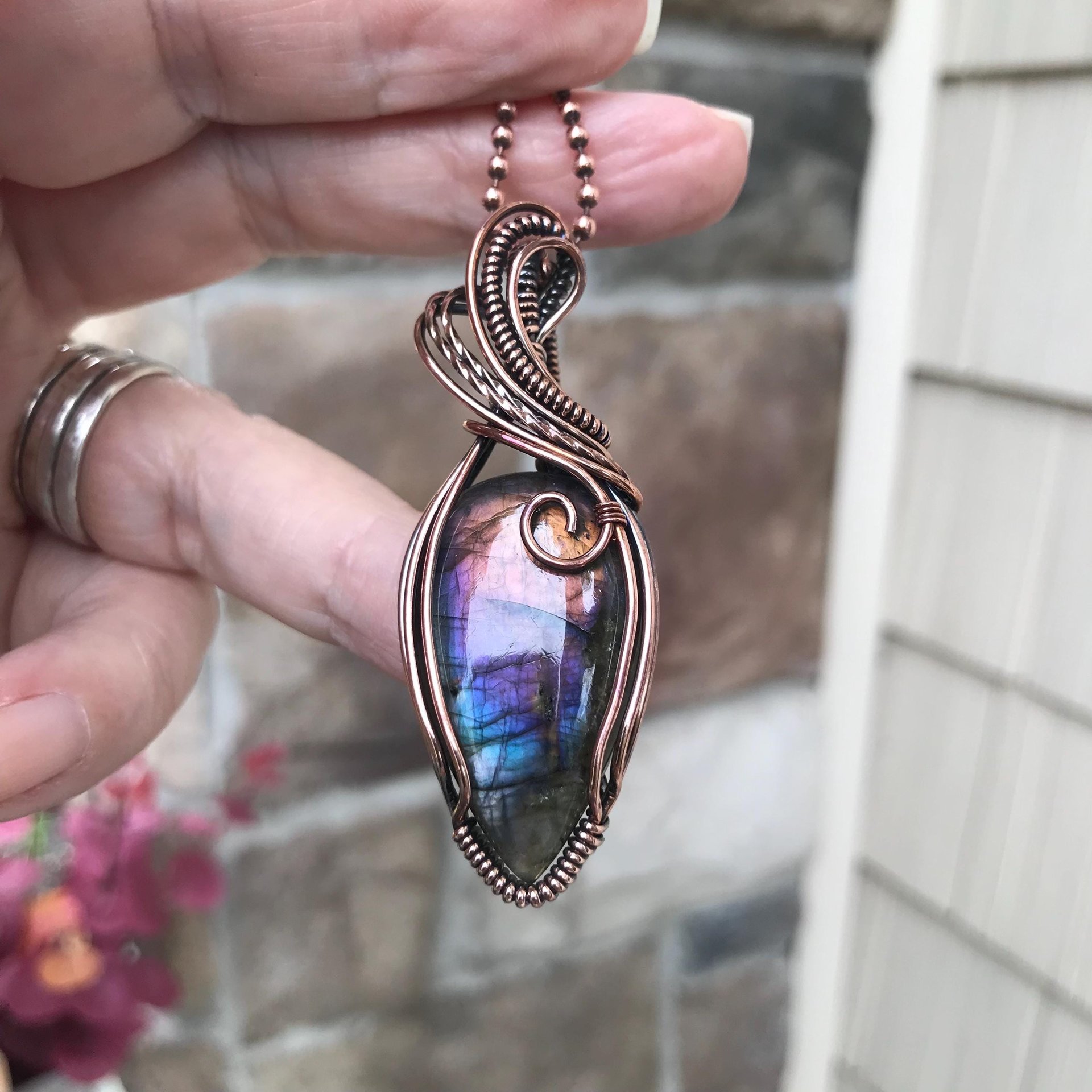 Purple rainbow labradorite wire wrapped copper necklace, Semiprecious spectrolite pendant