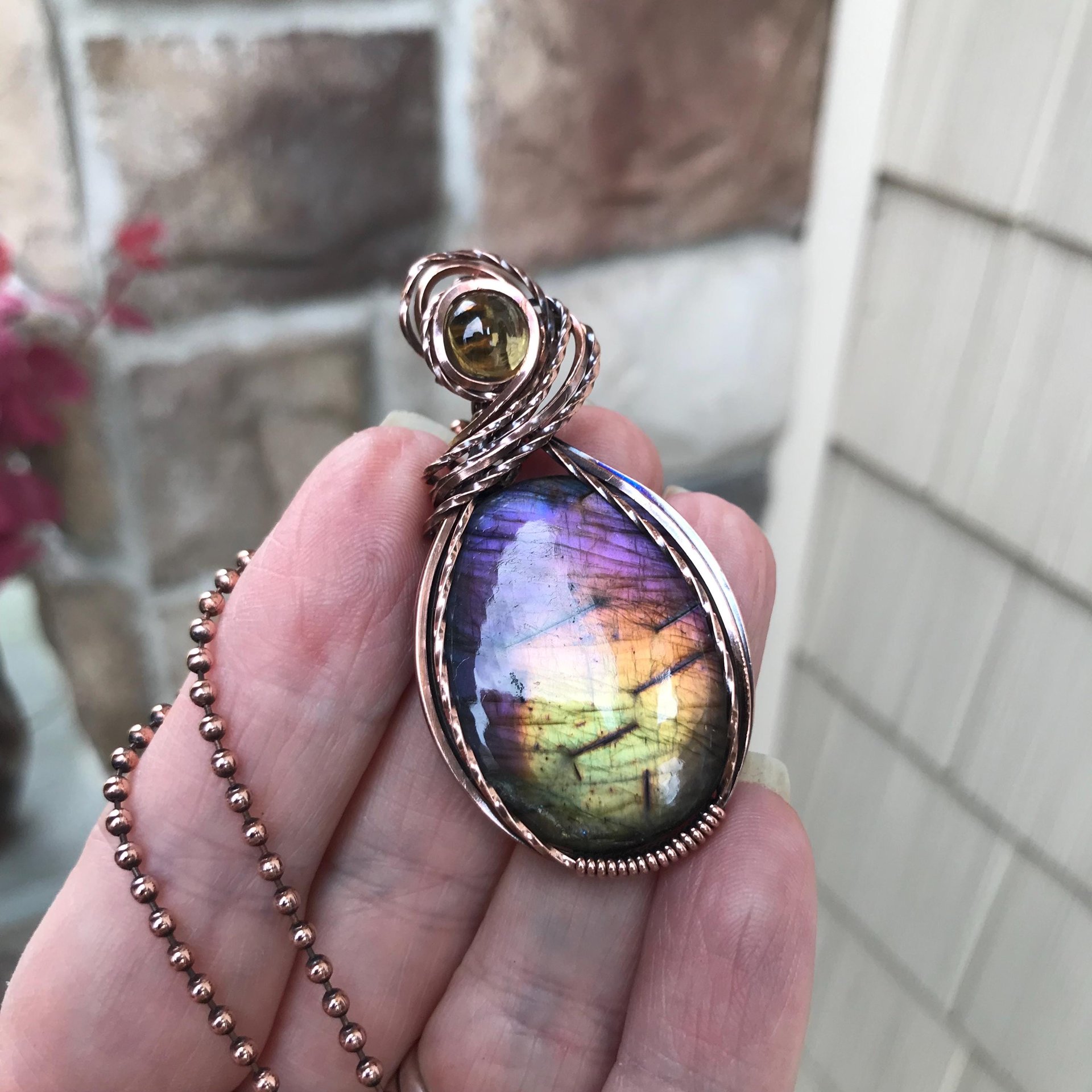 Rainbow labradorite & citrine oval copper wire wrapped pendant, Spectrolite purple yellow crystal necklace