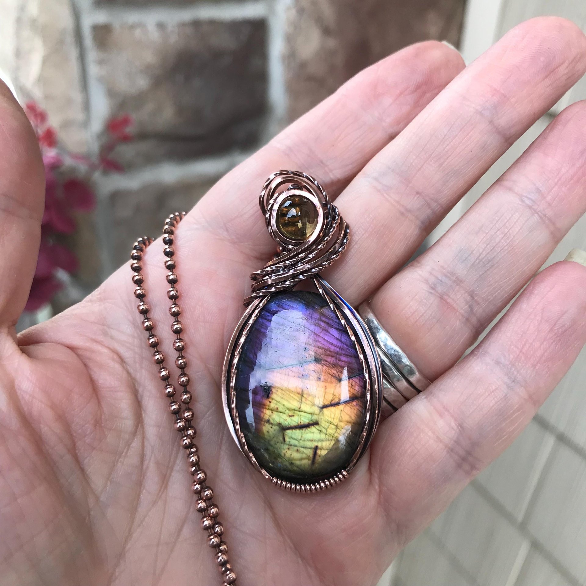 Rainbow labradorite & citrine oval copper wire wrapped pendant, Spectrolite purple yellow crystal necklace