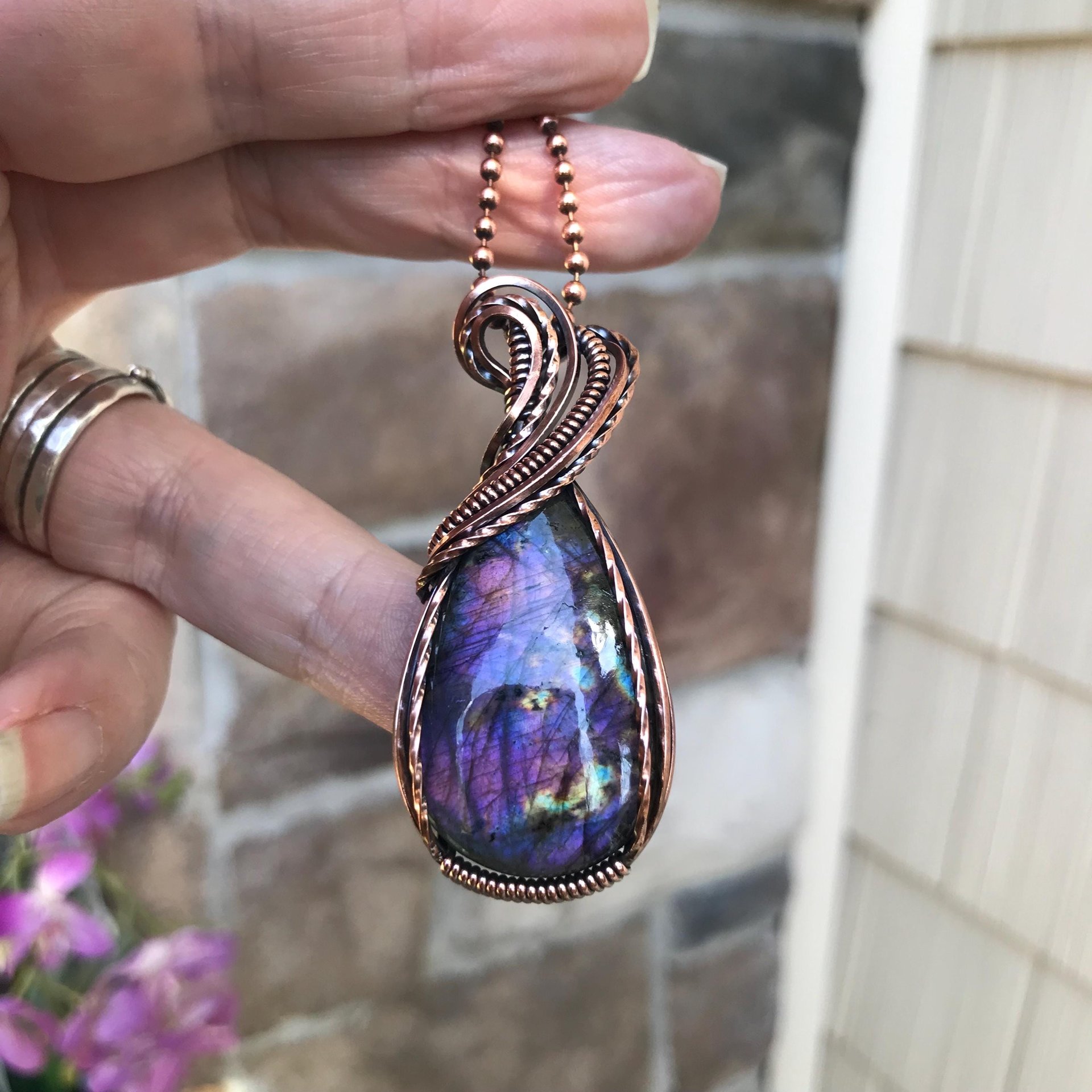 Pink  purple labradorite wire wrapped copper necklace, Spectrolite rainbow crystal pendant