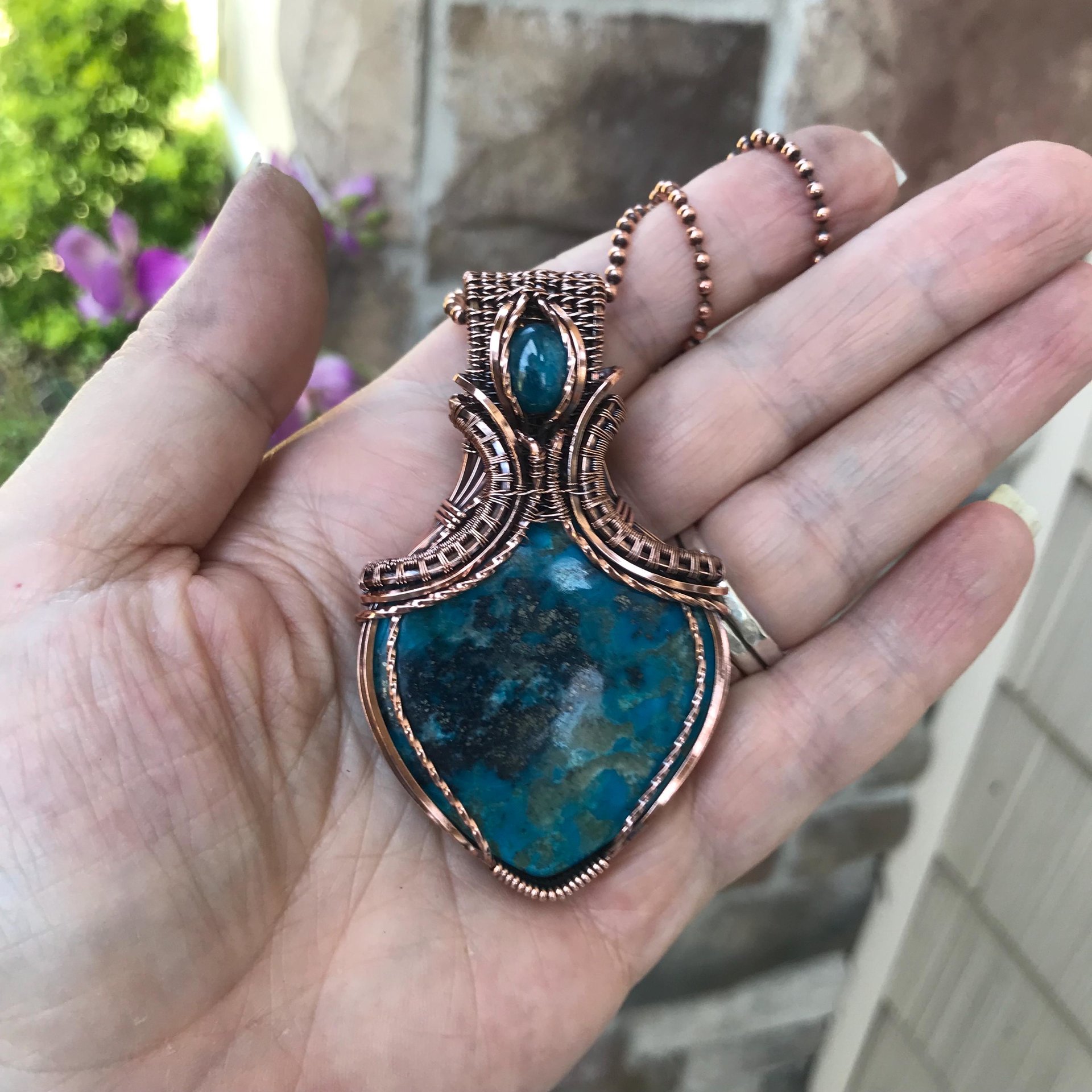 Turquoise and apatite copper wire wrapped pendant, Blue teal crystal artisan necklace
