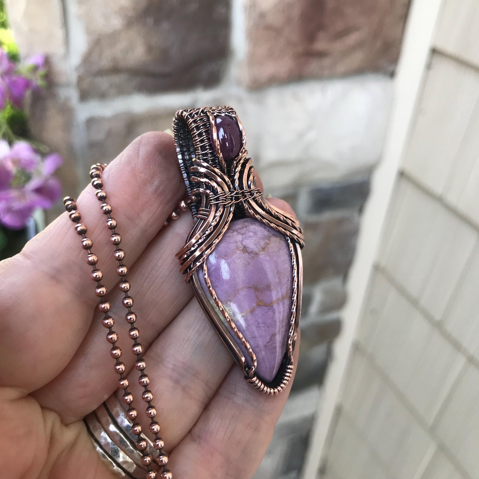 Phosphosiderite & Ruby Copper Necklace with Weaving