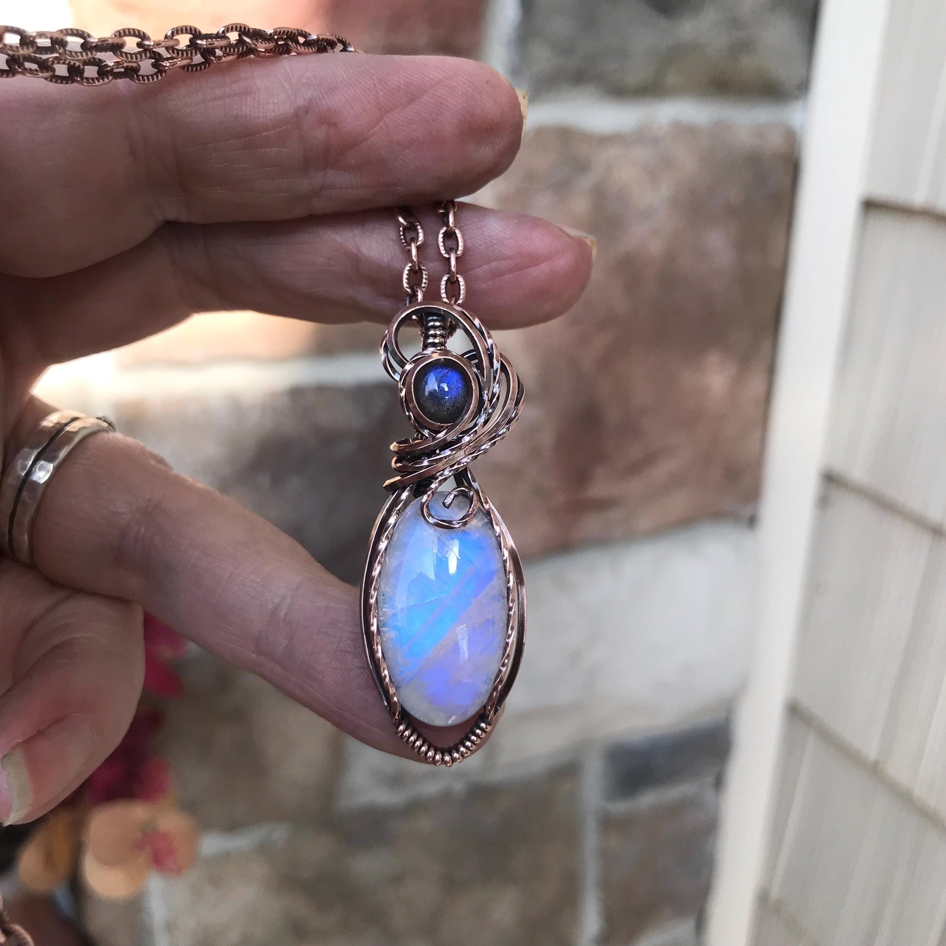 Rainbow Moonstone & Labradorite Copper Pendant