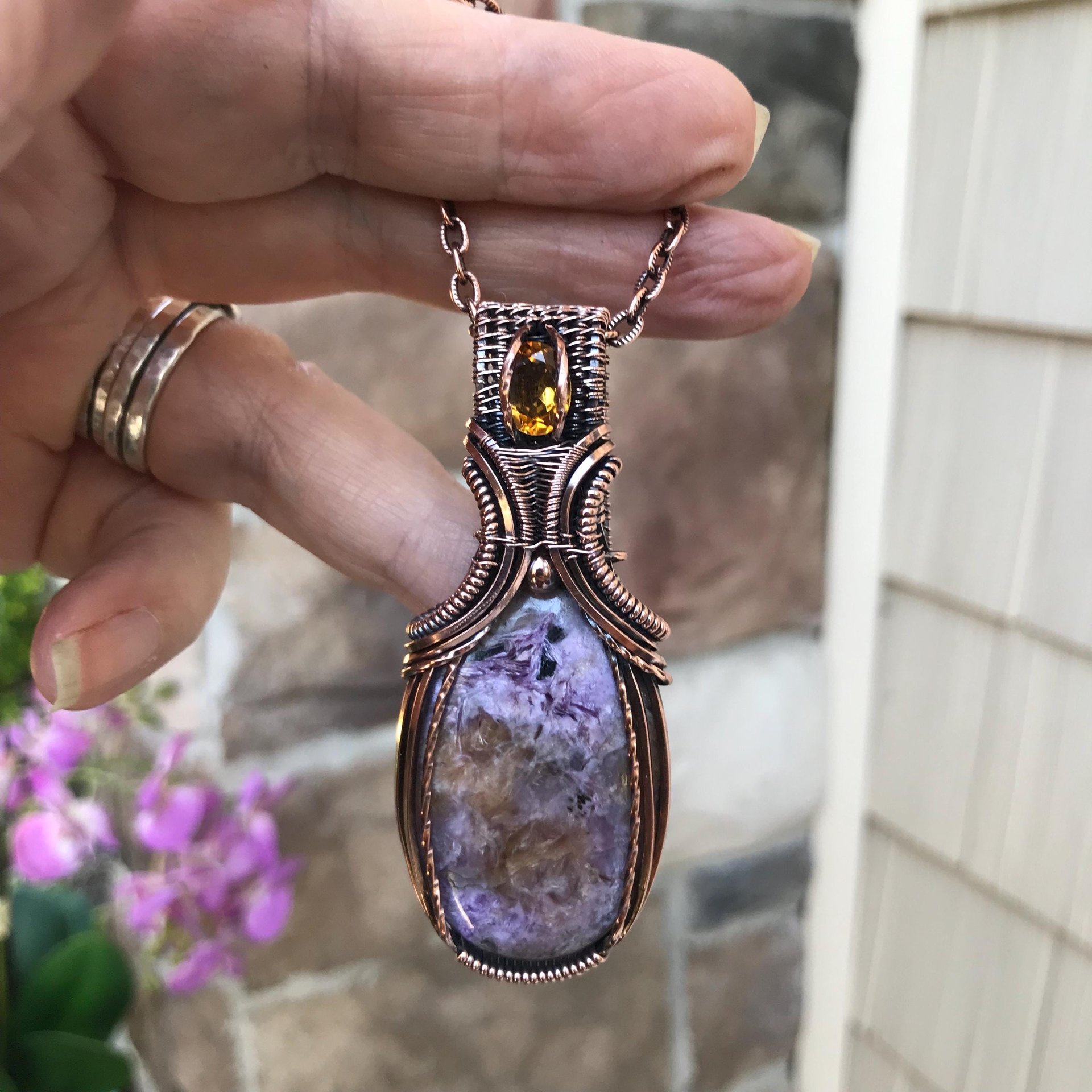 Charoite & Citrine Oval Copper Pendant
