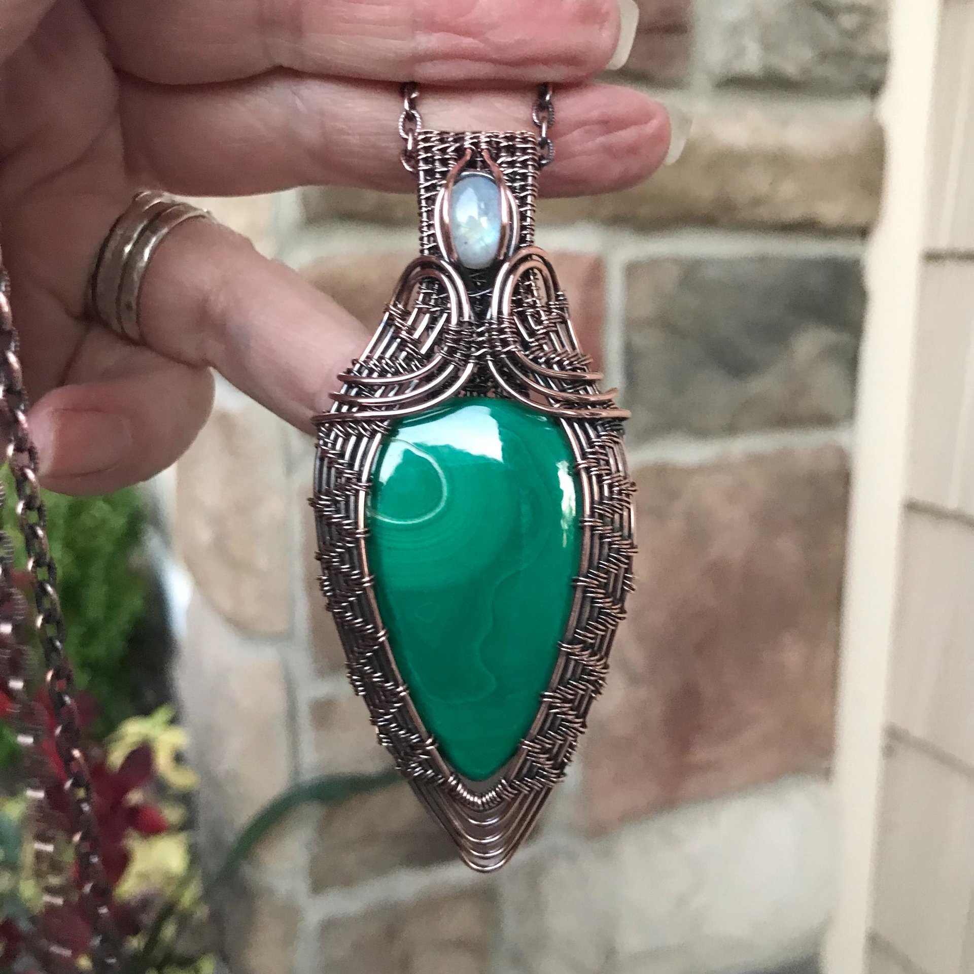 Malachite & Moonstone Copper Woven Pendant