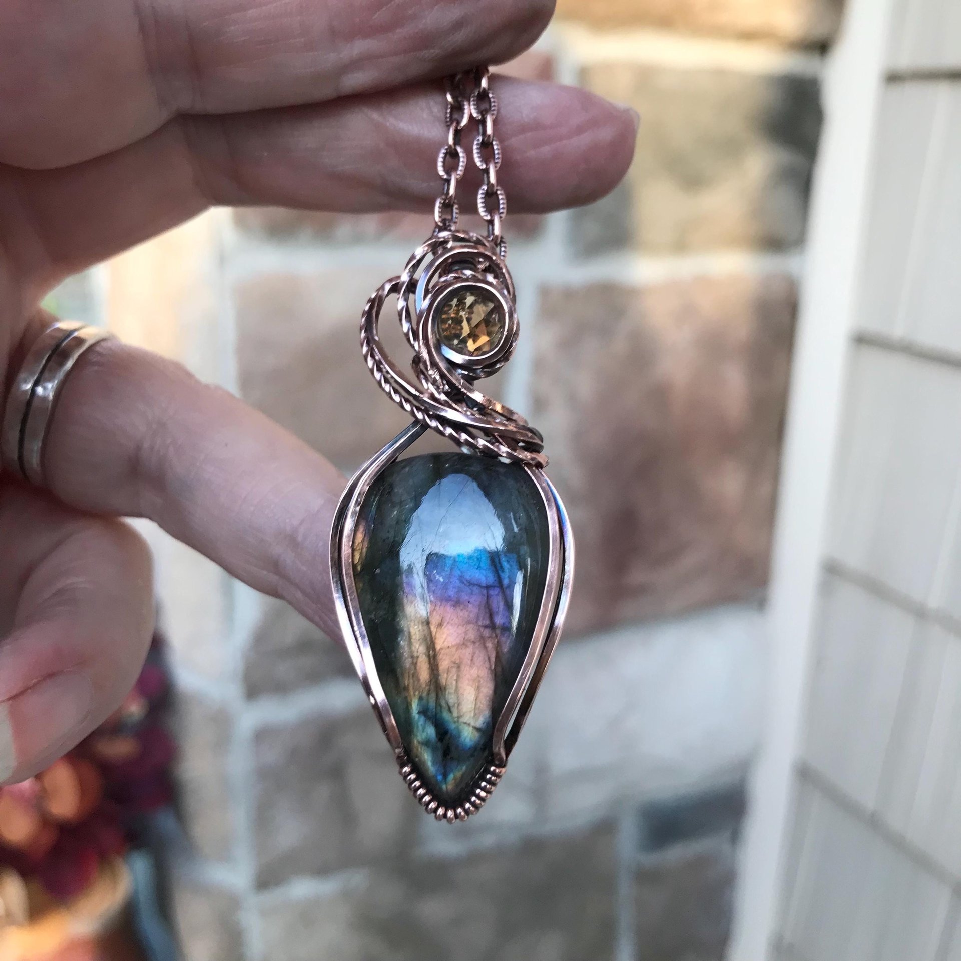 Rainbow Labradorite & Citrine Copper Pendant