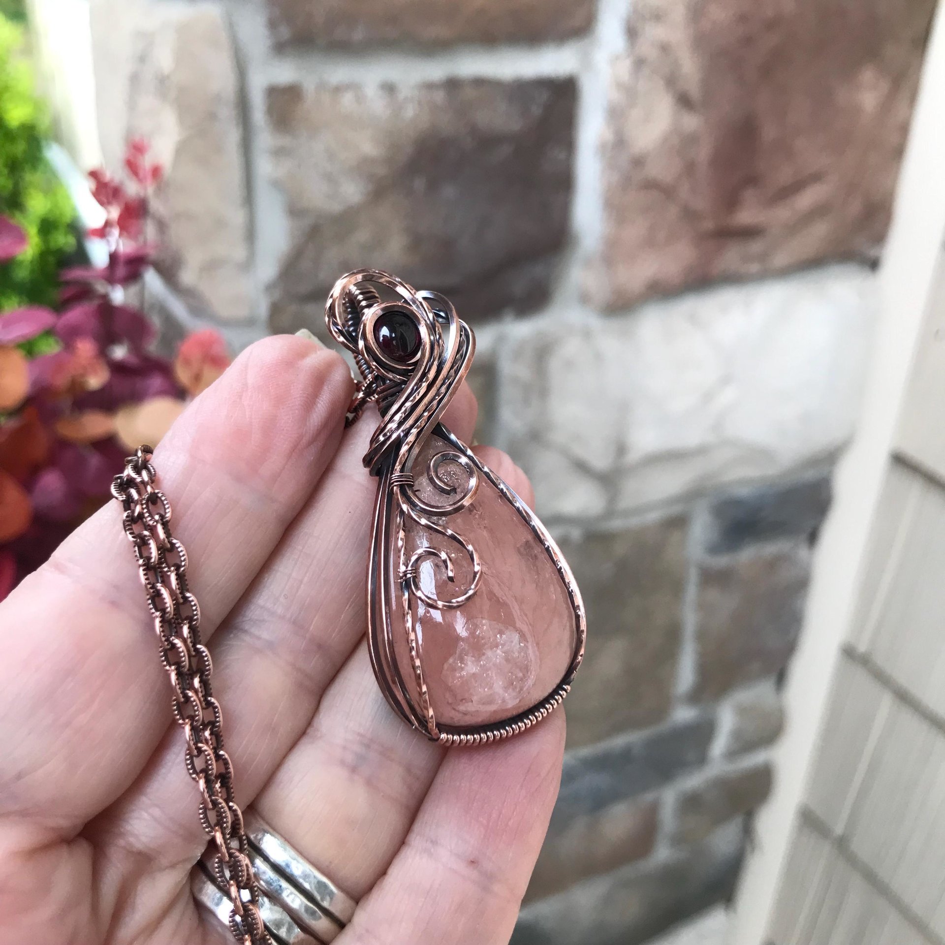 Morganite & Garnet Swirly Copper Necklace