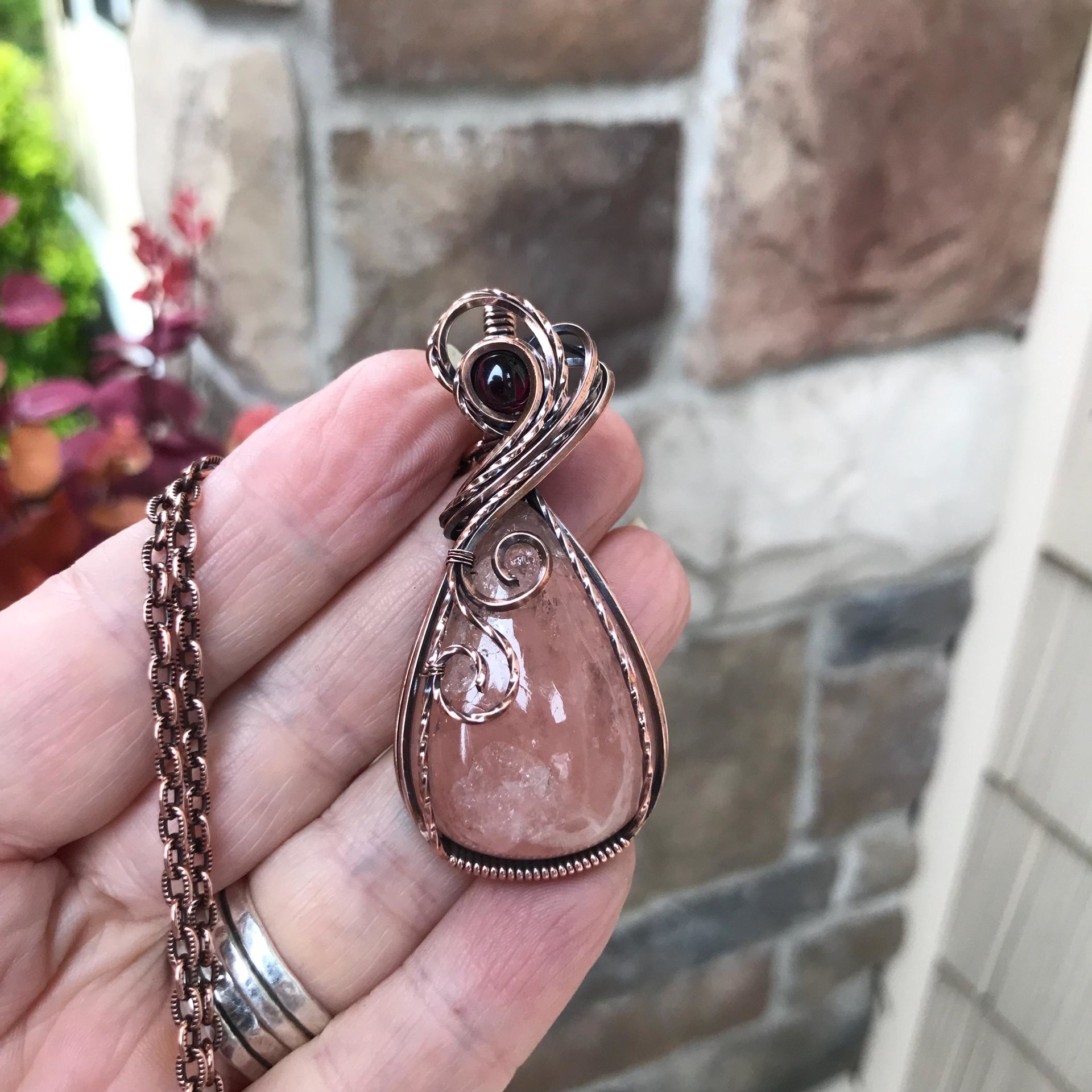 Morganite & Garnet Swirly Copper Necklace