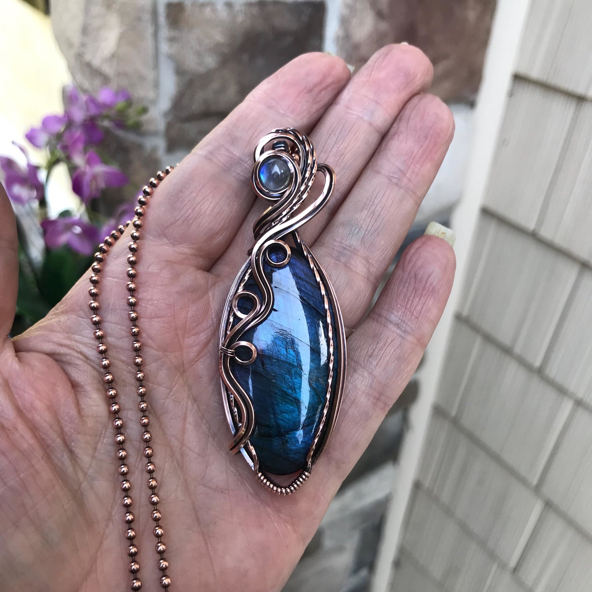 Blue Labradorite & Moonstone Slender Copper Necklace