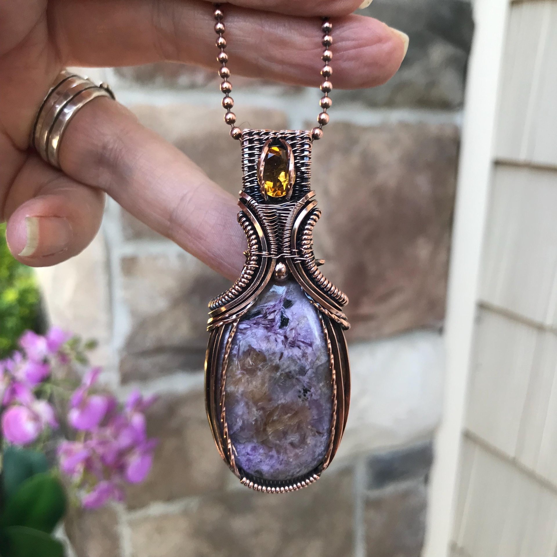 Charoite & Citrine Oval Copper Pendant