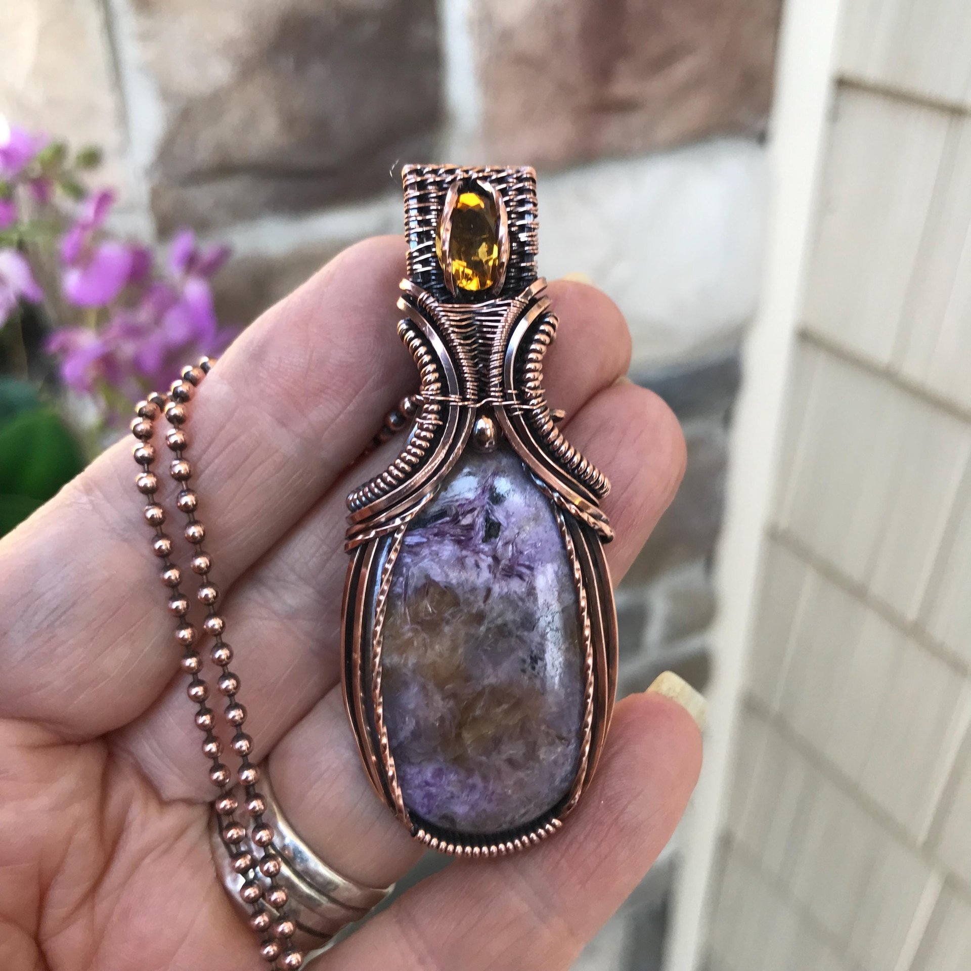 Charoite & Citrine Oval Copper Pendant