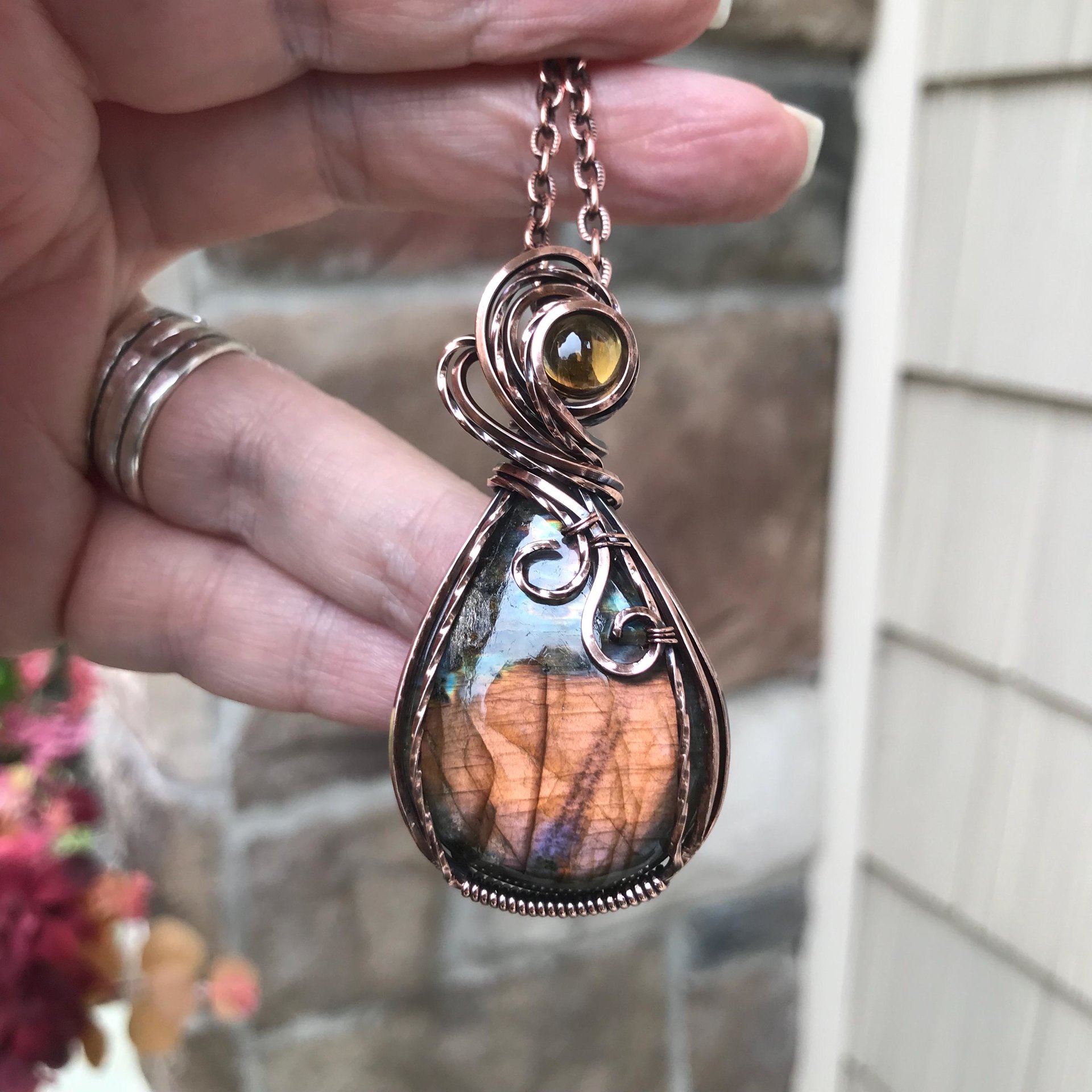 Orange Labradorite & Citrine Copper Pendant