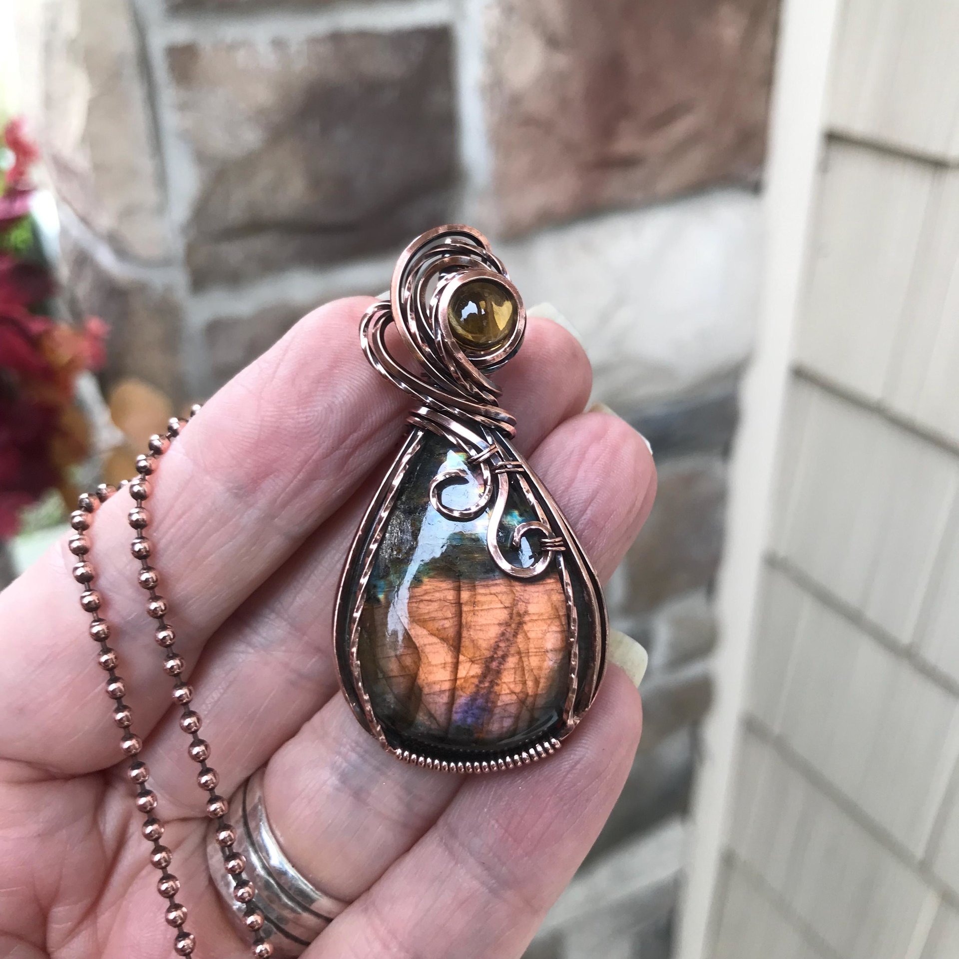 Orange Labradorite & Citrine Copper Pendant