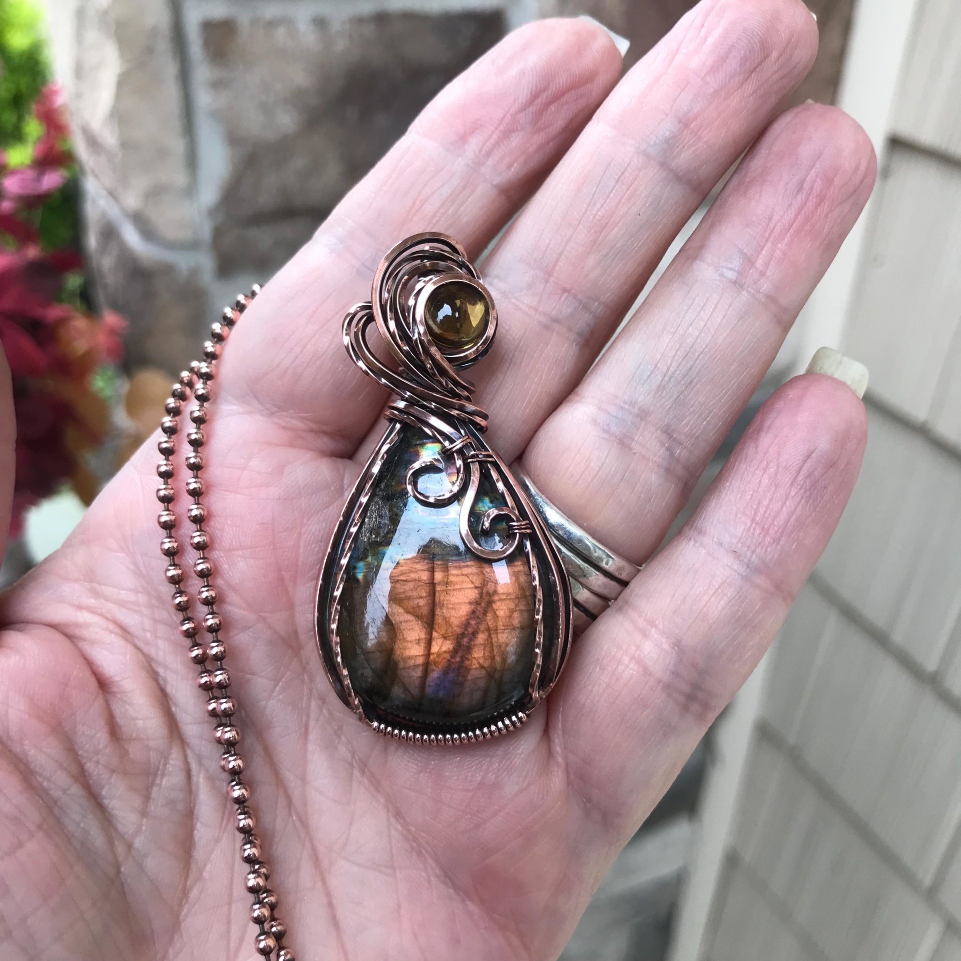 Orange Labradorite & Citrine Copper Pendant