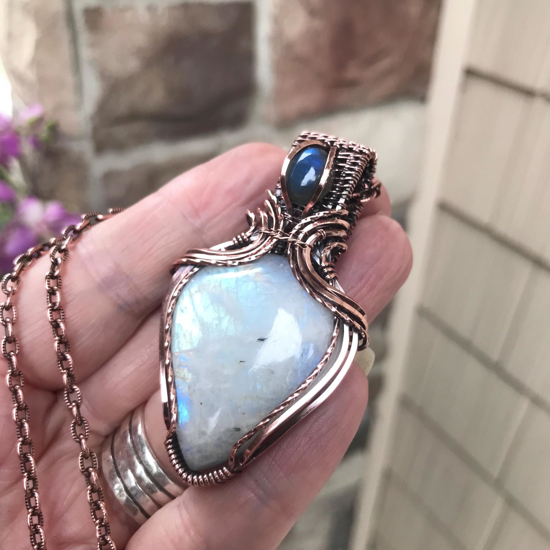 Moonstone & Blue Labradorite Copper Pendant with Weaving