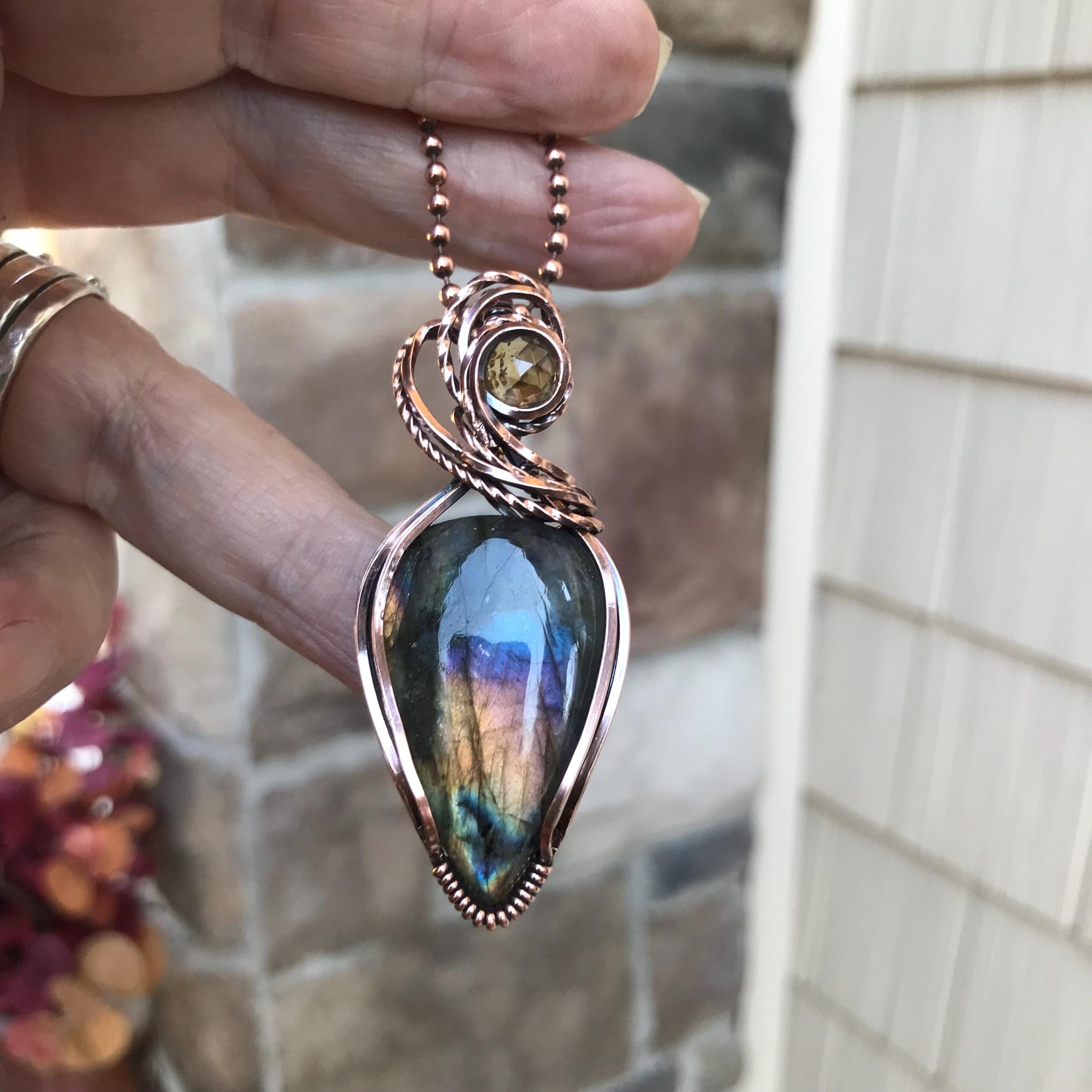 Rainbow Labradorite & Citrine Copper Pendant