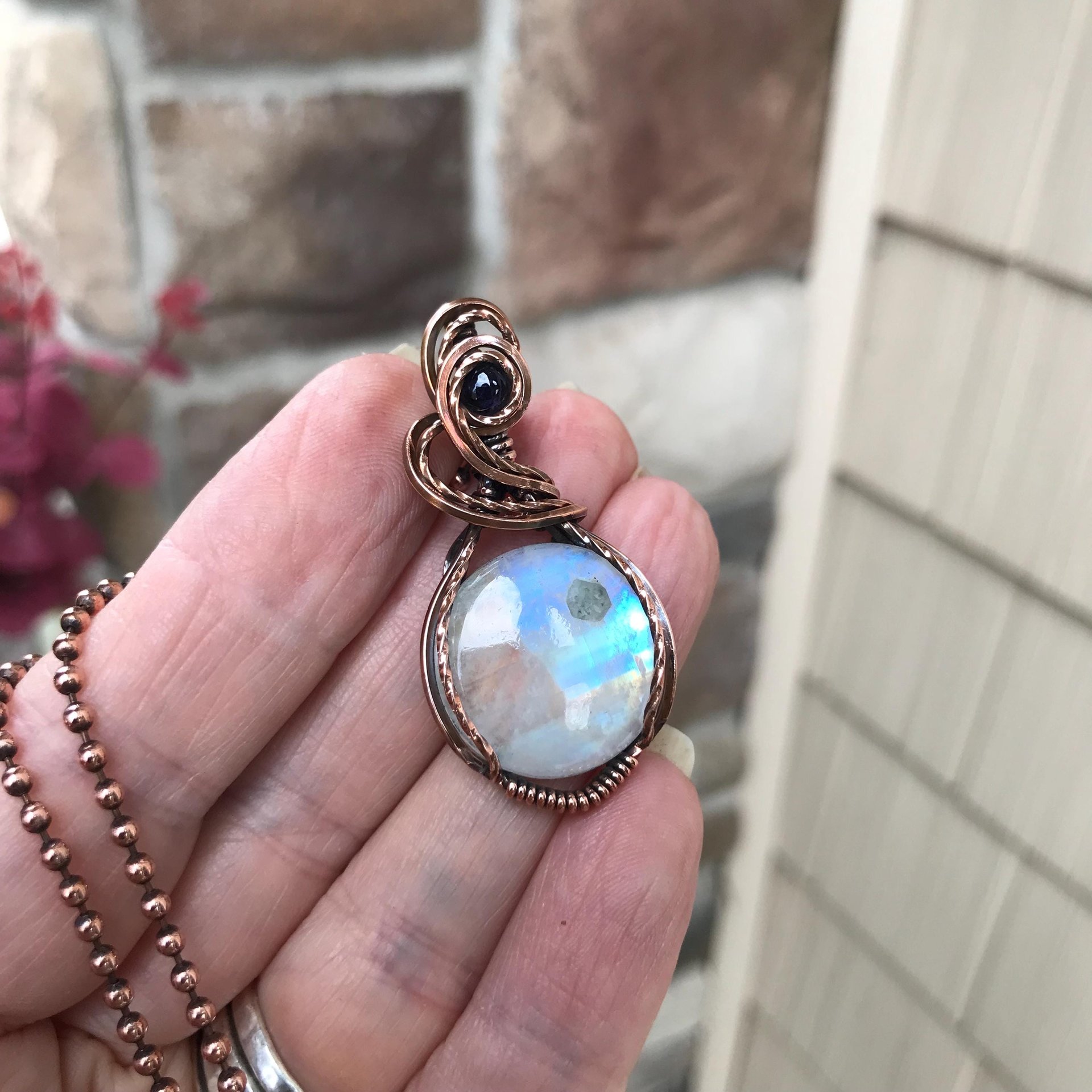 Rainbow moonstone & iolite copper wire wrapped necklace,  Artisan blue orange crystal pendant