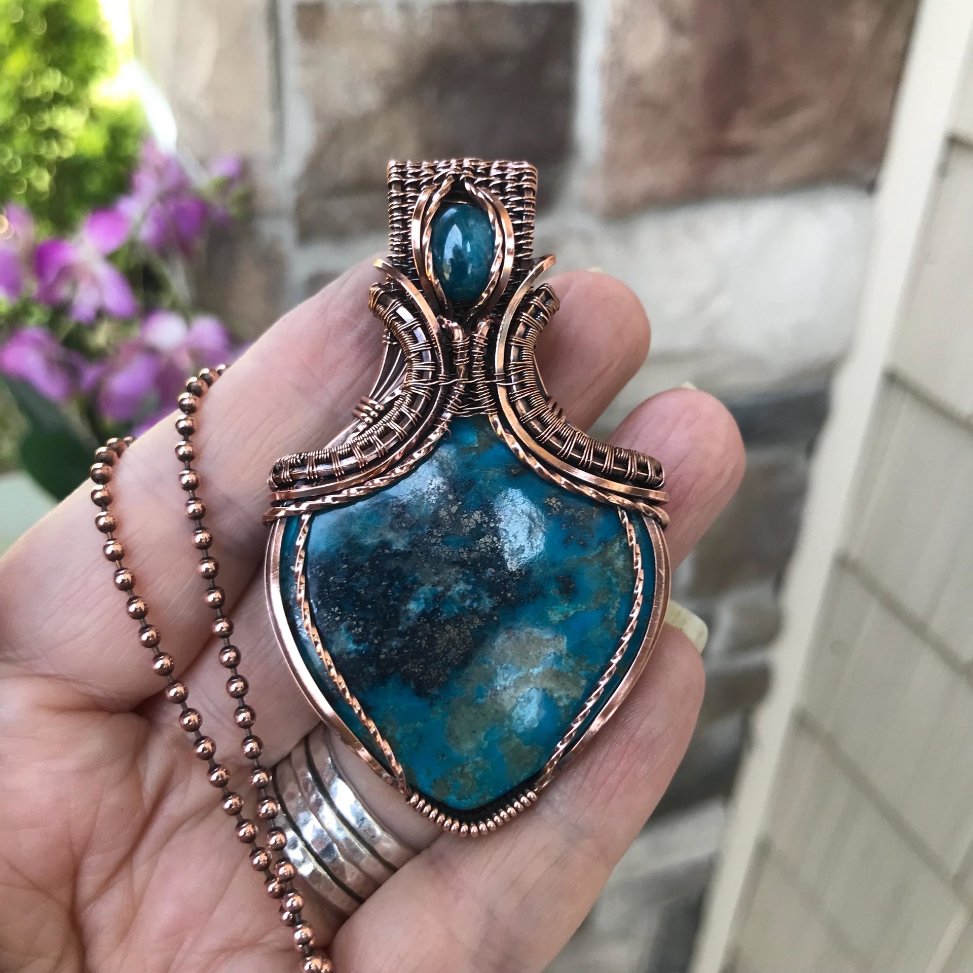 Turquoise and apatite copper wire wrapped pendant, Blue teal crystal artisan necklace
