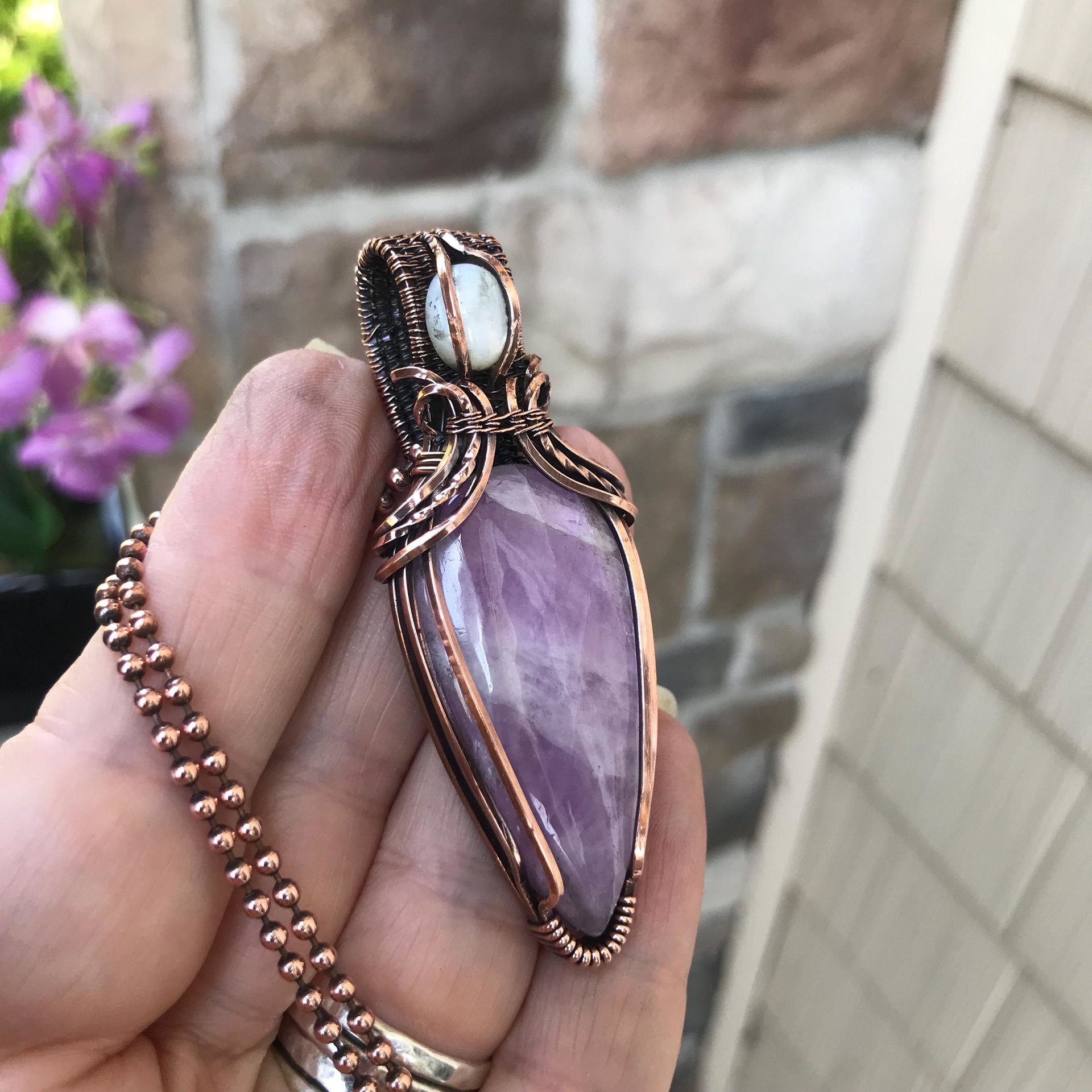 Kunzite & Mother of Pearl Copper Pendant