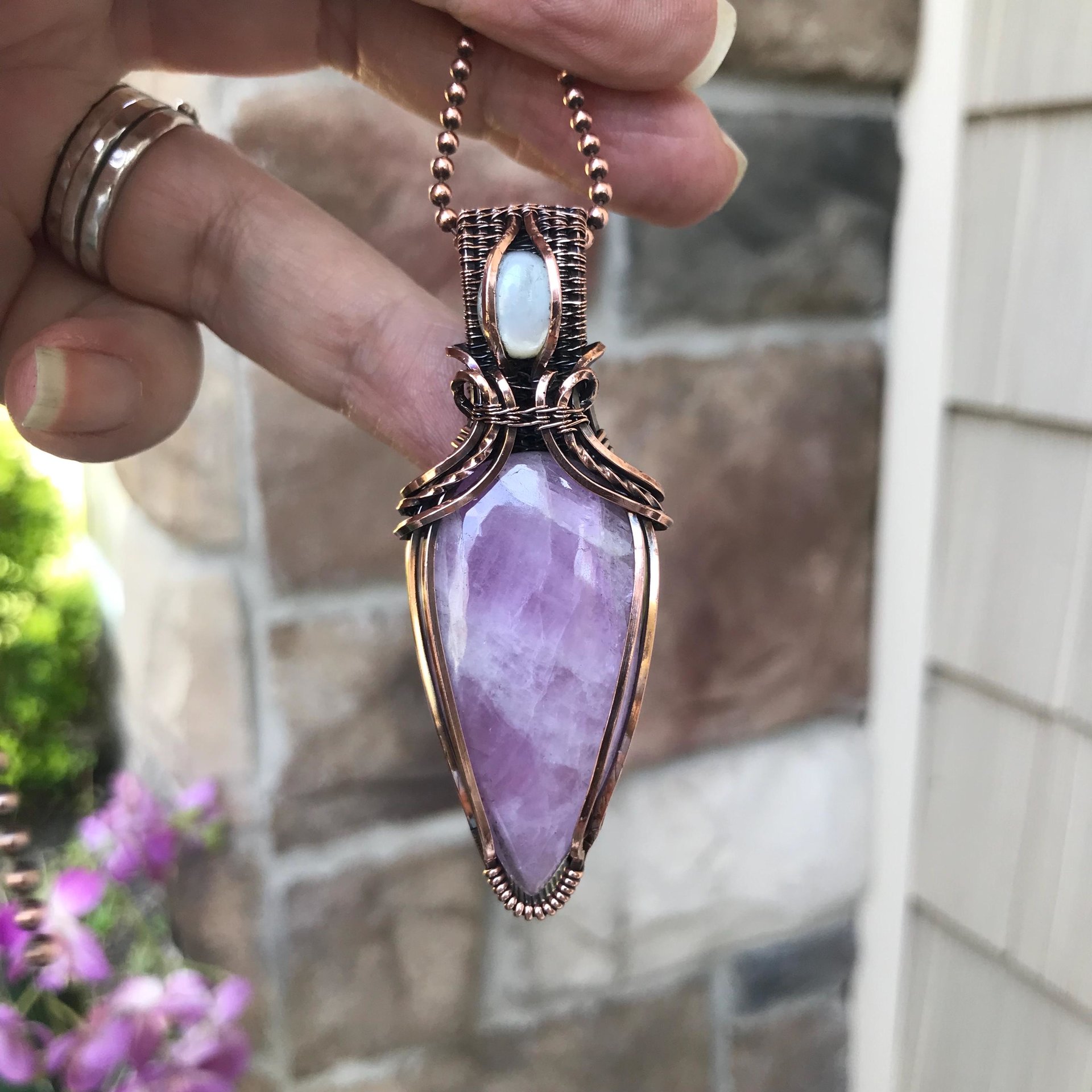 Kunzite & Mother of Pearl Copper Pendant