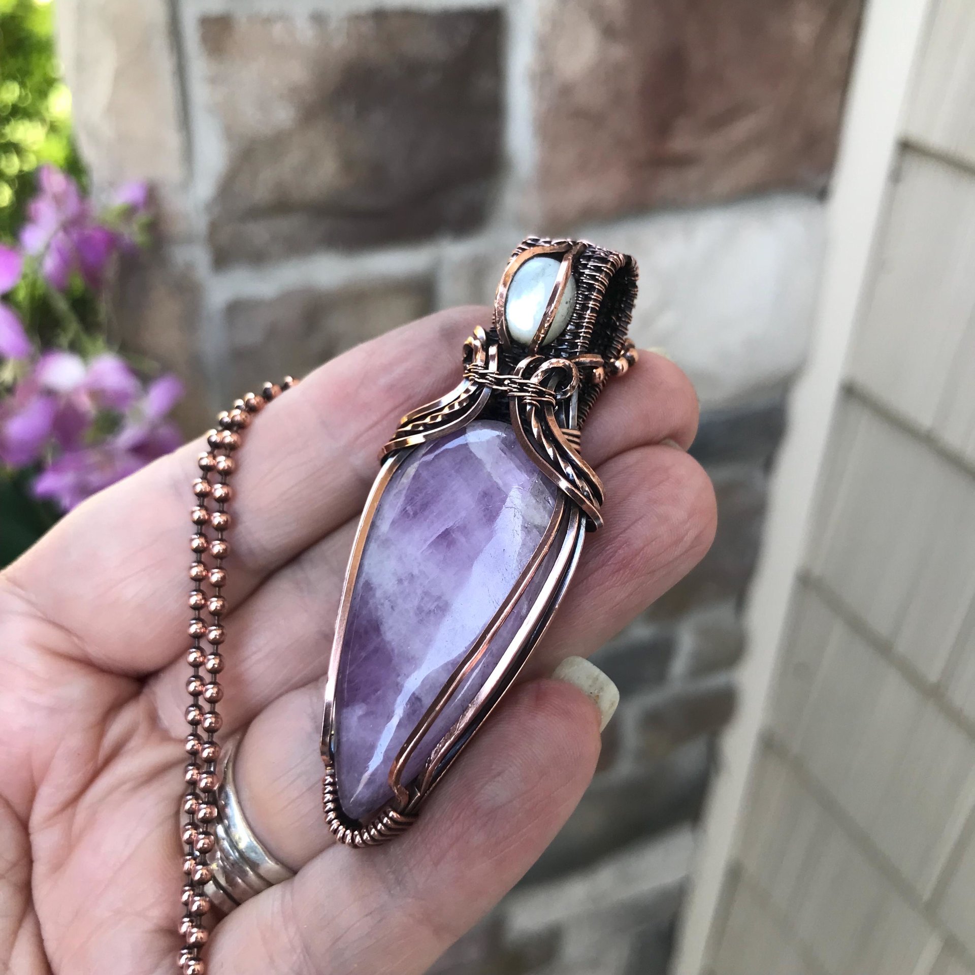Kunzite & Mother of Pearl Copper Pendant