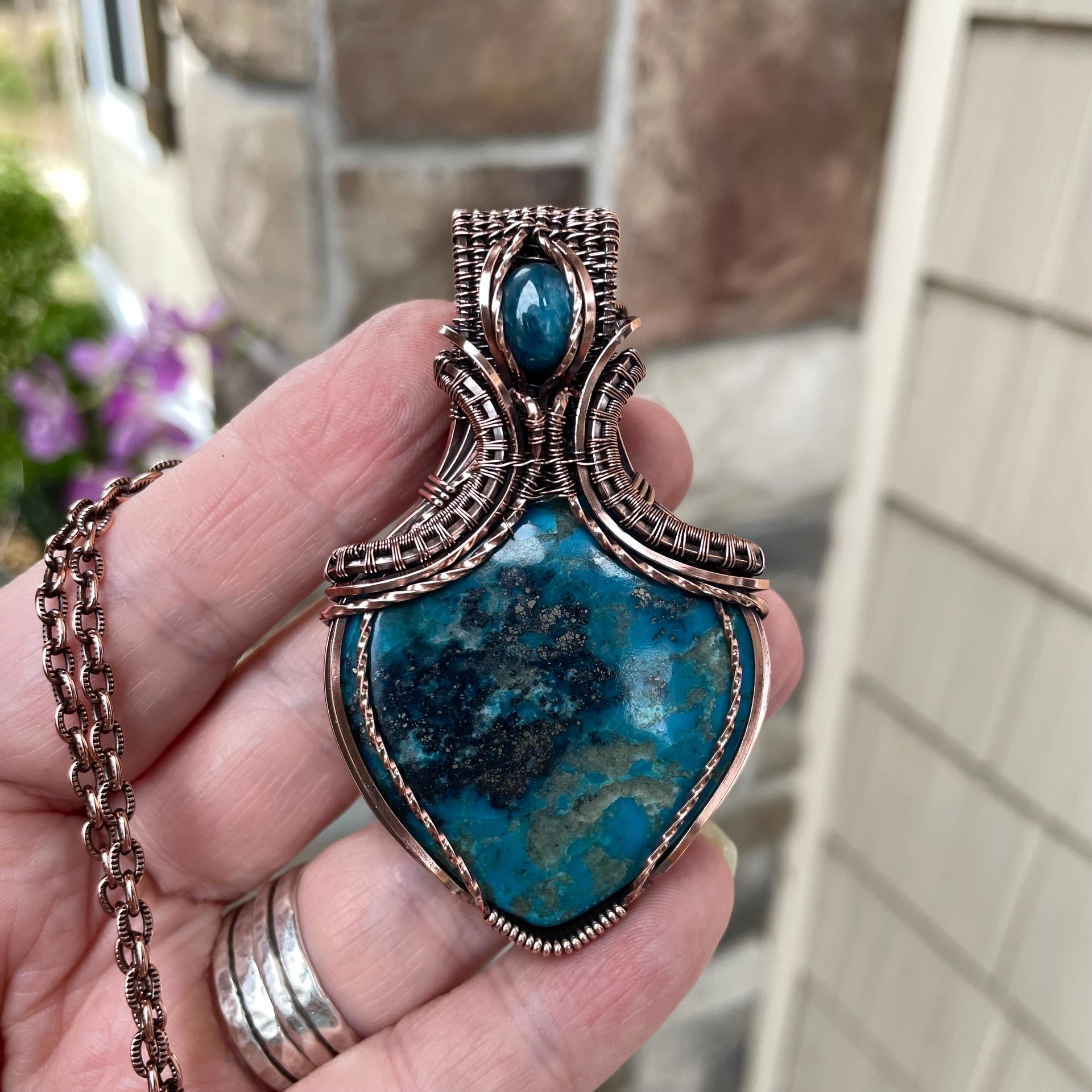 Turquoise and apatite copper wire wrapped pendant, Blue teal crystal artisan necklace