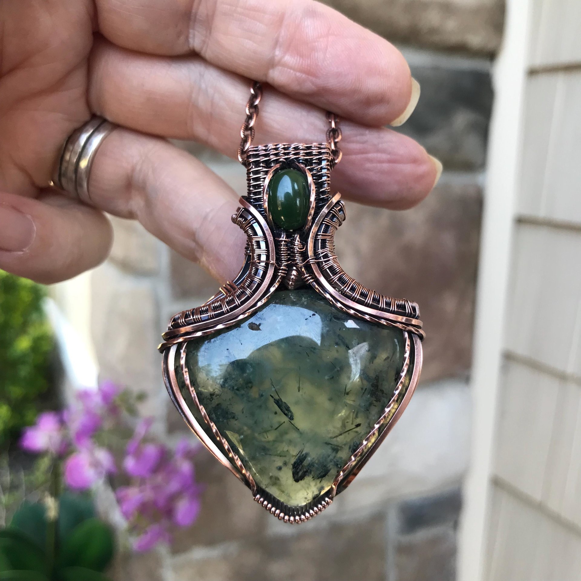 Prehnite & Jade Copper Pendant with Weaving