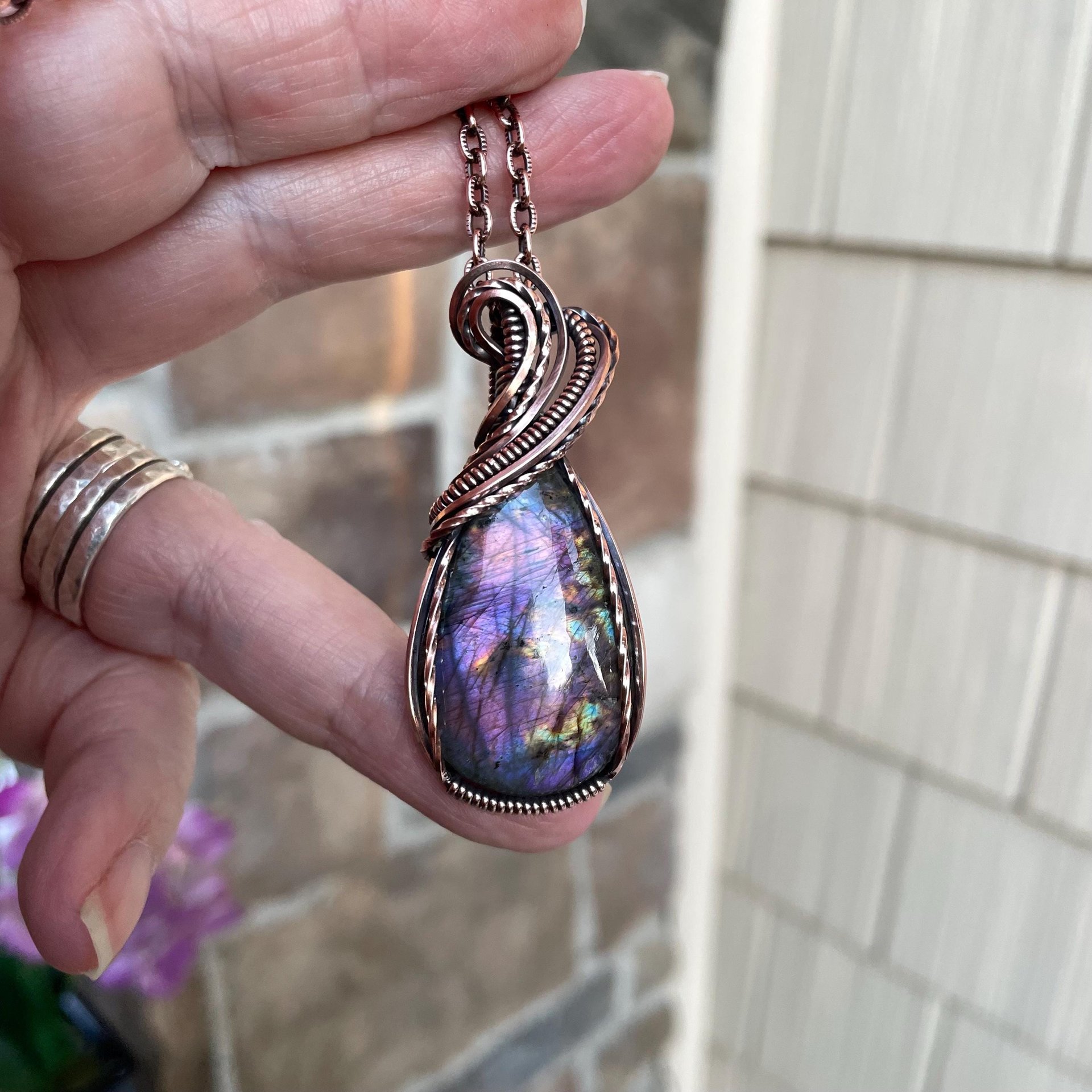 Pink  purple labradorite wire wrapped copper necklace, Spectrolite rainbow crystal pendant
