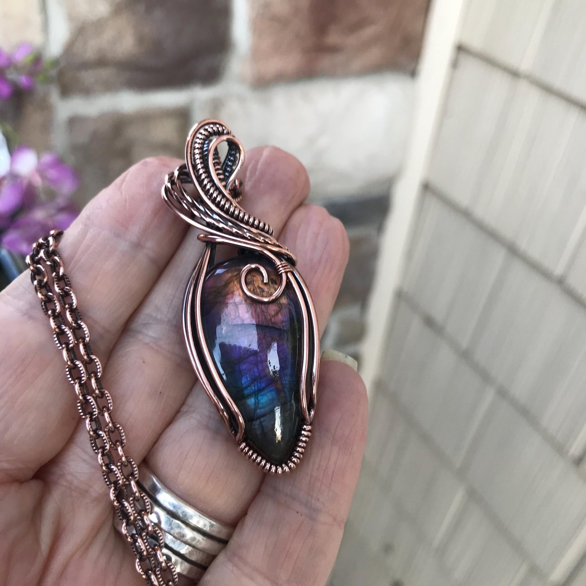 Purple rainbow labradorite wire wrapped copper necklace, Semiprecious spectrolite pendant