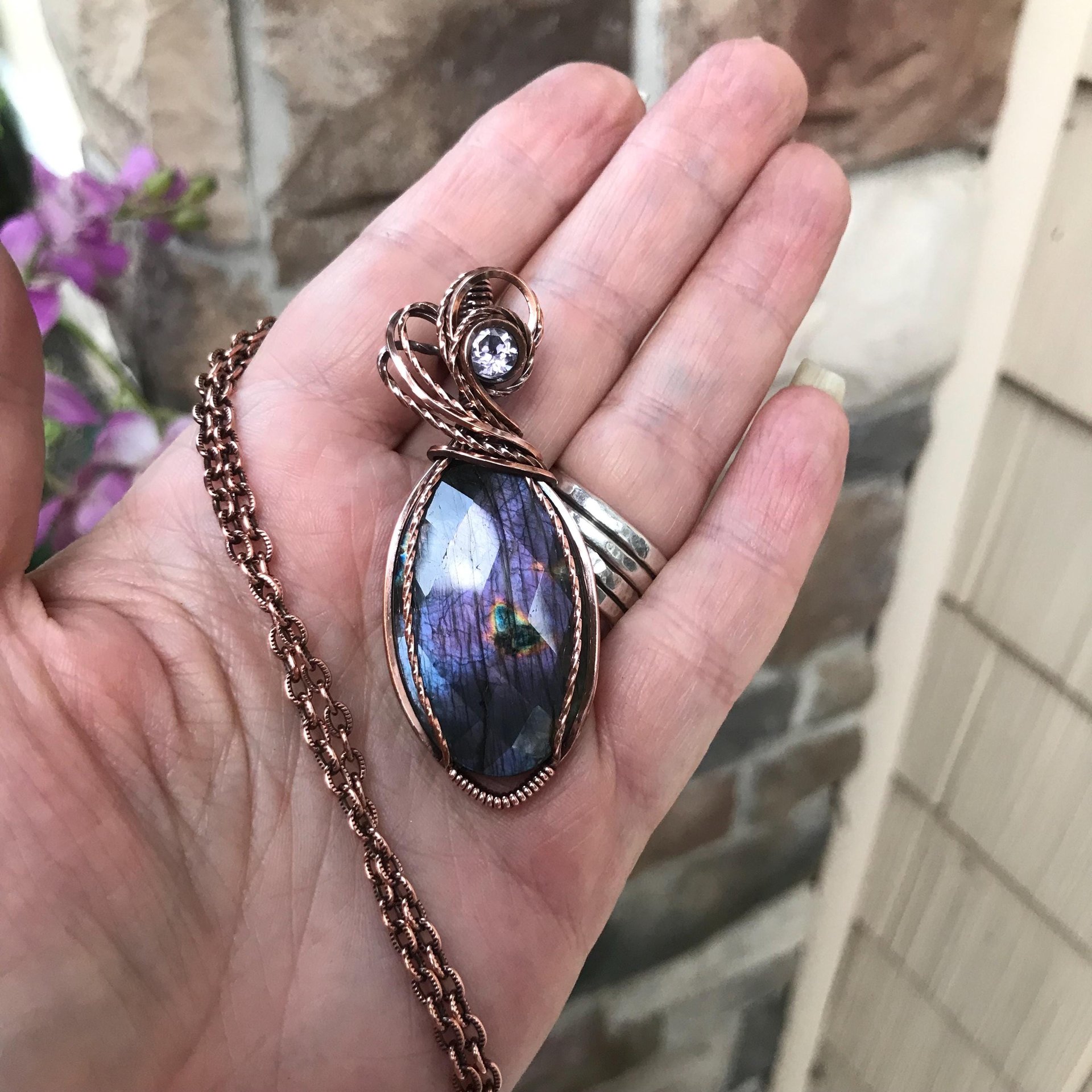 Purple Labradorite & Pink Amethyst Copper Pendant