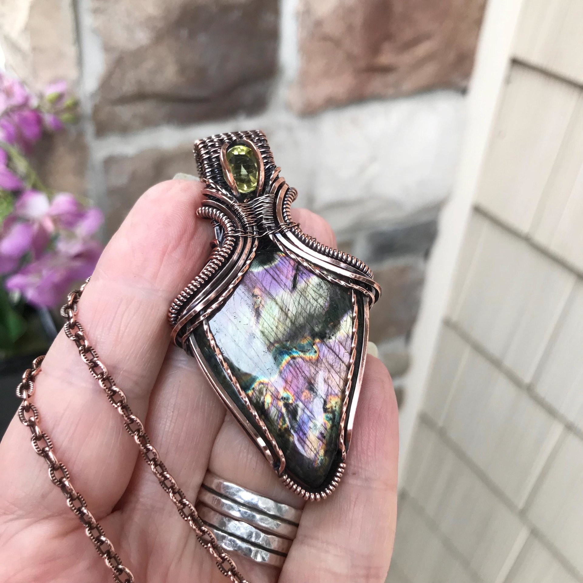 Purple Yellow Labradorite & Lemon Quartz Copper Pendant with Weaving