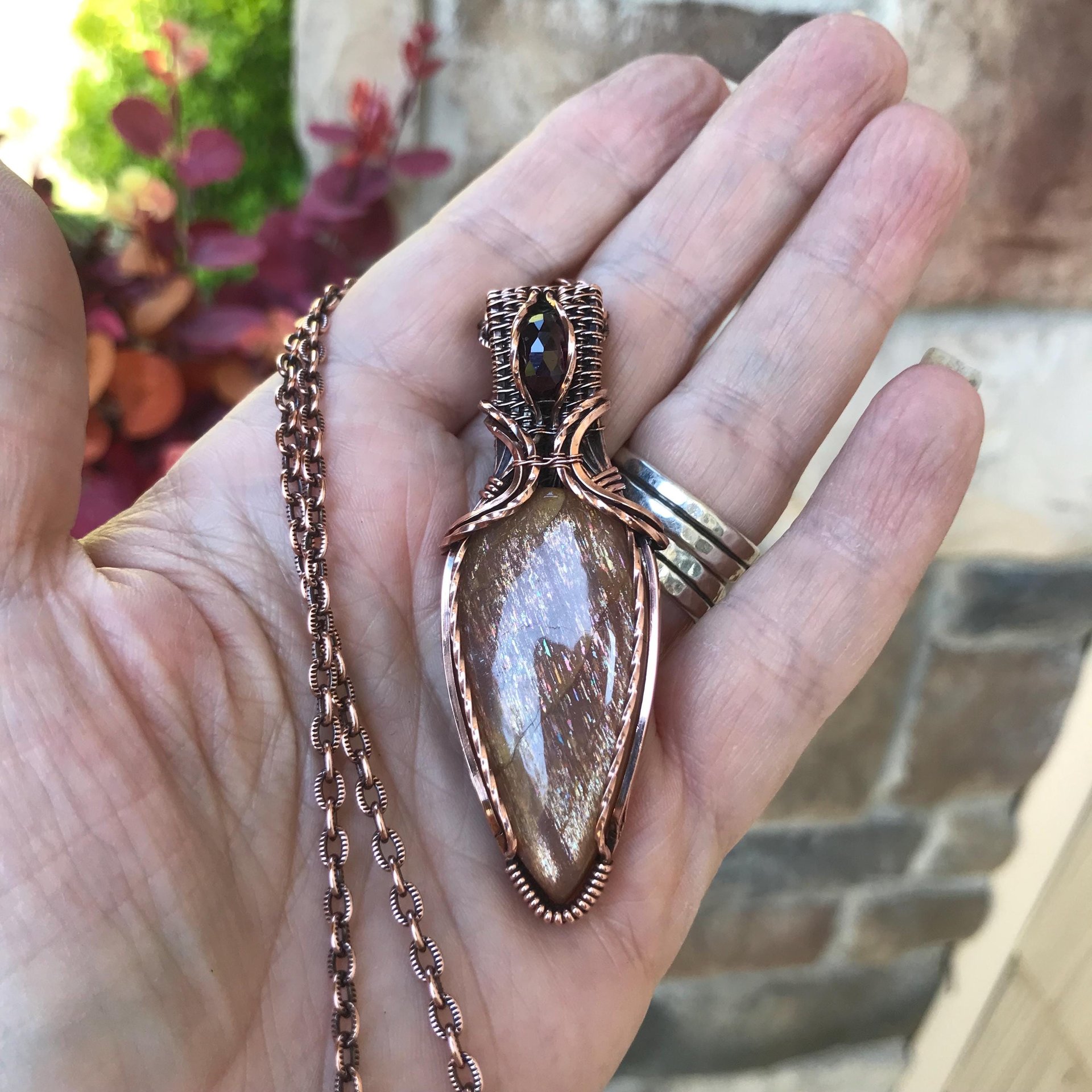 Golden Sunstone & Garnet Copper Pendant with Weaving