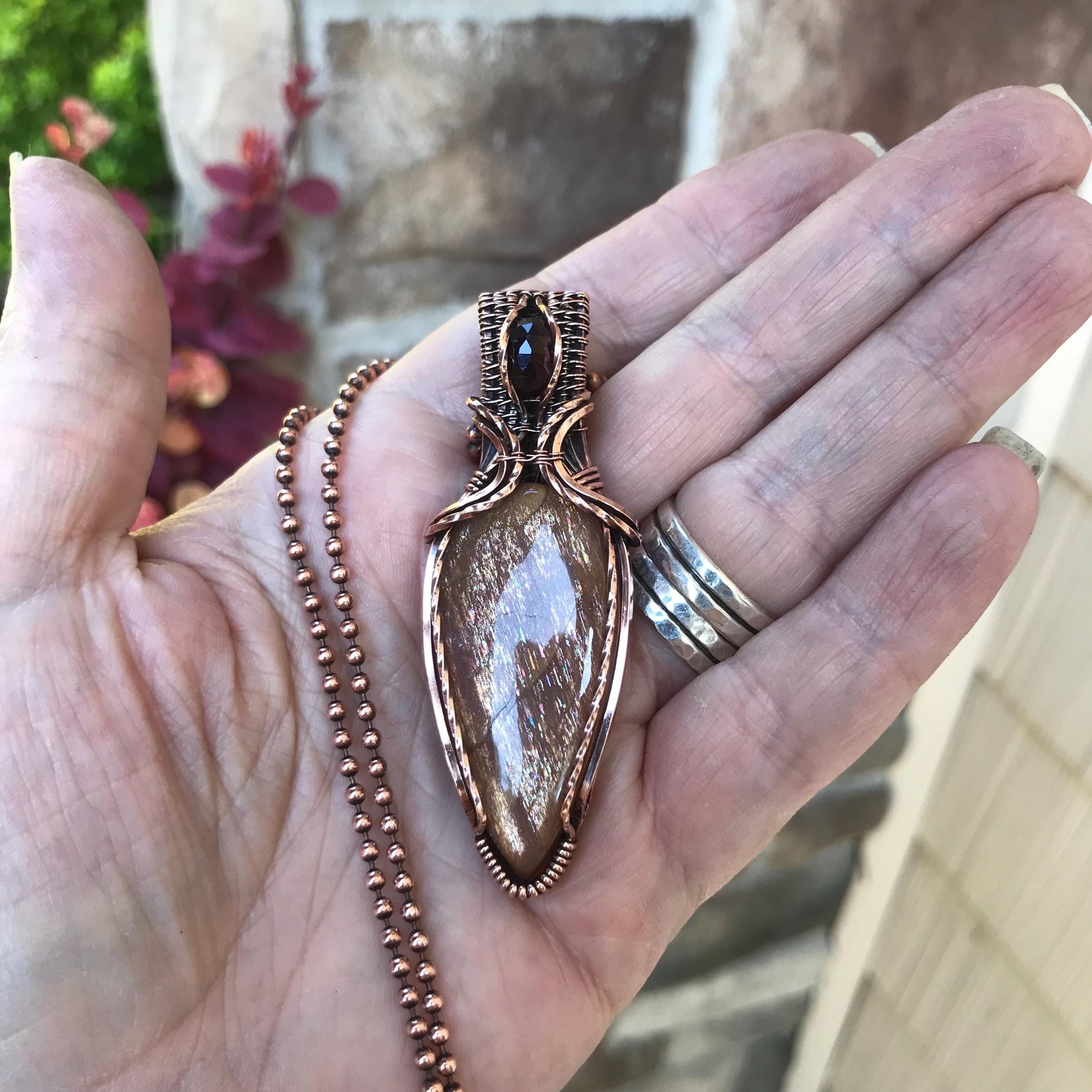 Golden Sunstone & Garnet Copper Pendant with Weaving
