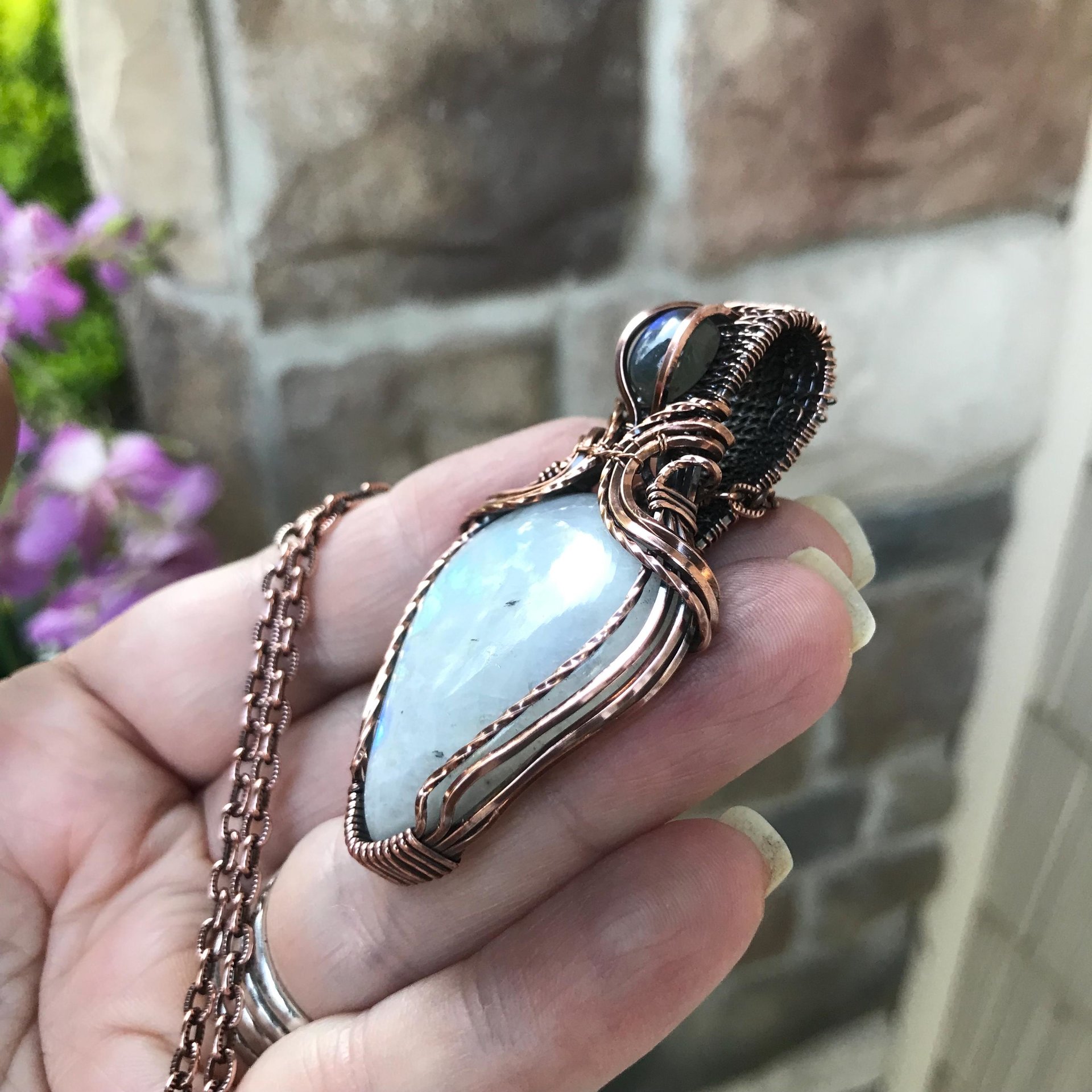 SOLD - Moonstone & blue labradorite wire wrapped copper pendant, Woven rainbow crystal teardrop necklace