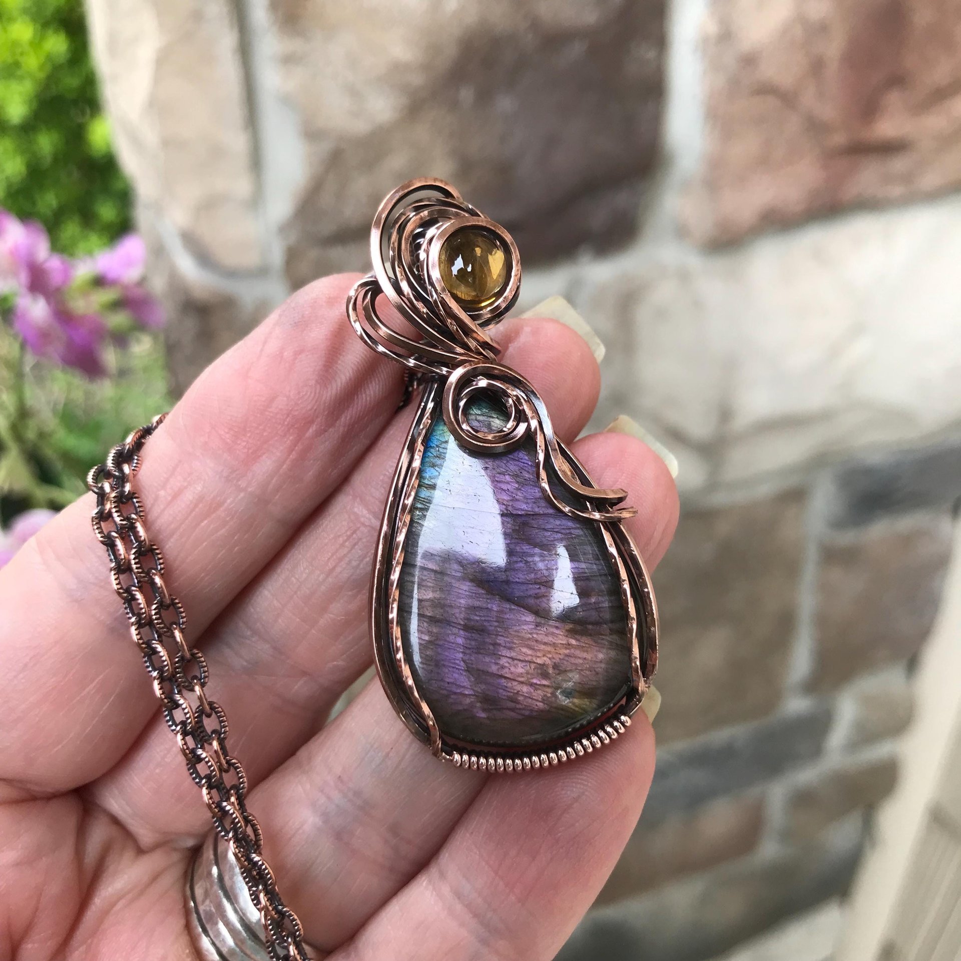 SOLD - Purple Orange Labradorite & Citrine Copper Pendant