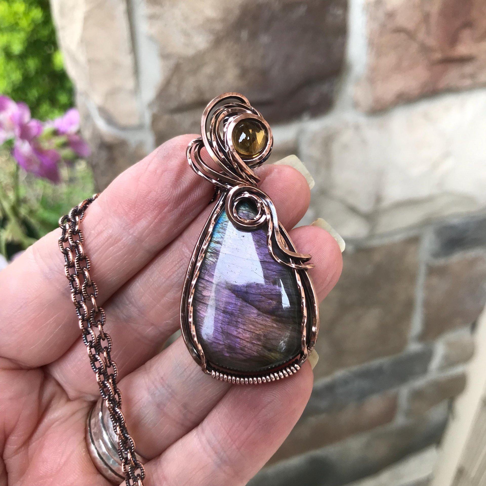 SOLD - Purple Orange Labradorite & Citrine Copper Pendant