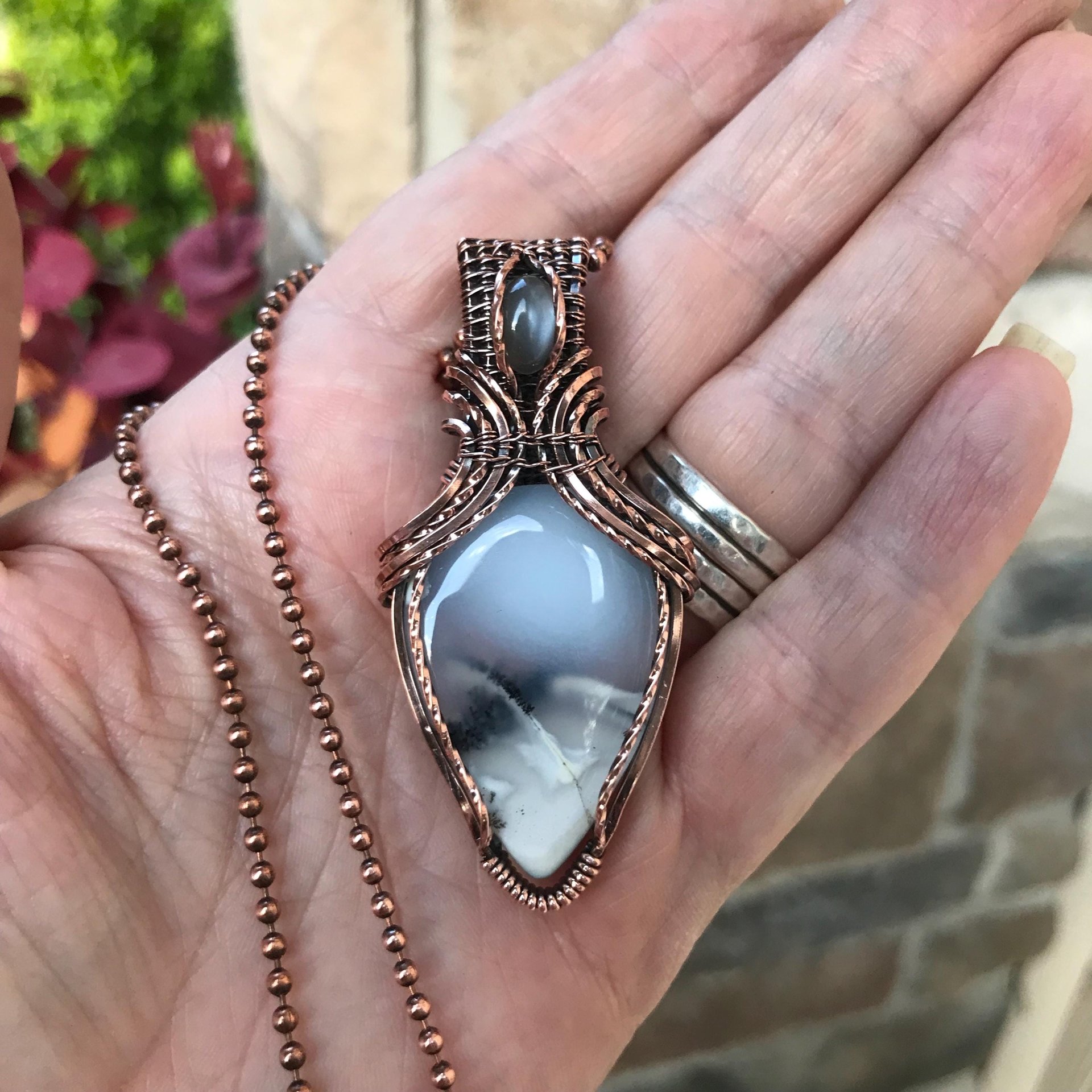 Dendritic Opal  & Gray Moonstone Copper Pendant with Weaving
