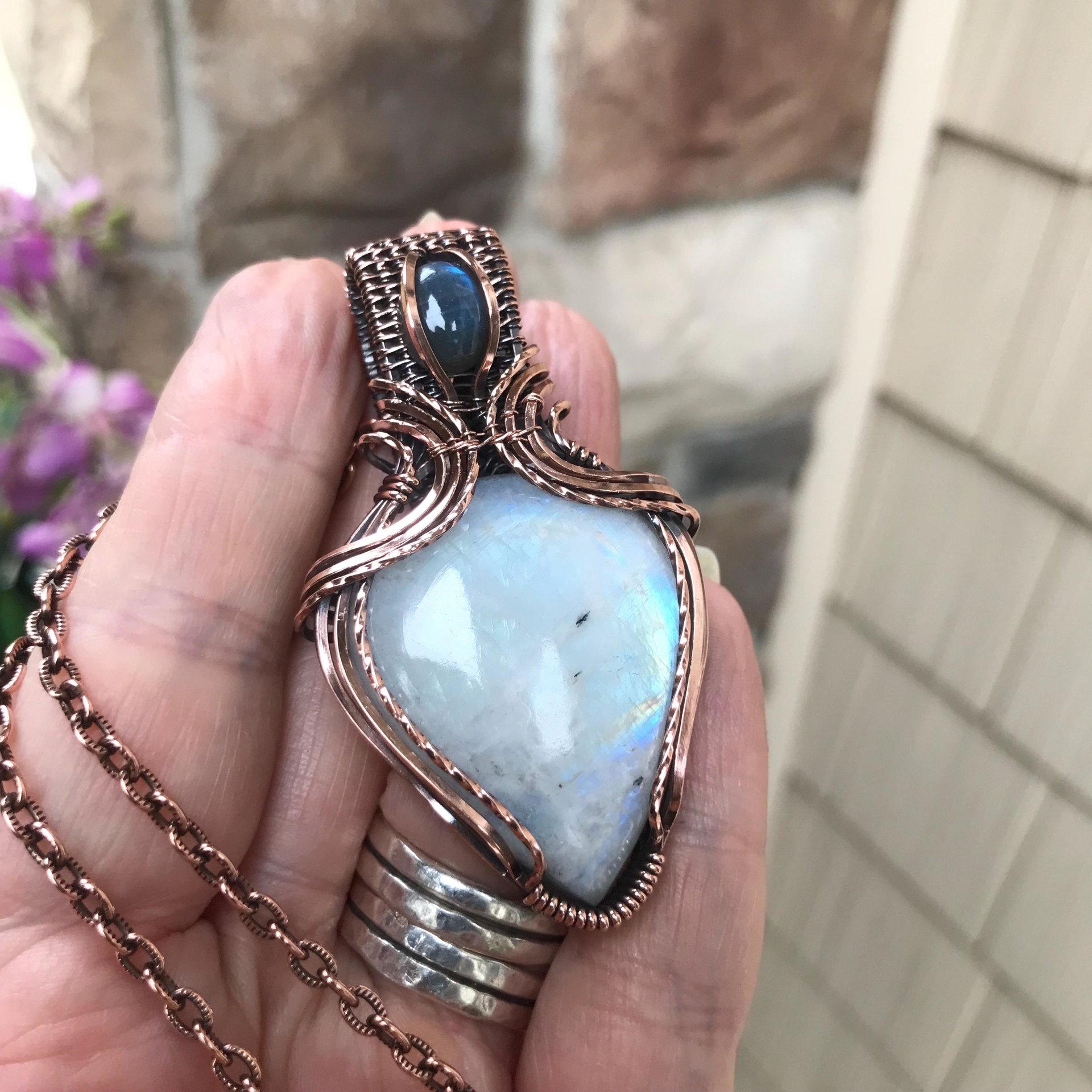 Moonstone & Blue Labradorite Copper Pendant with Weaving