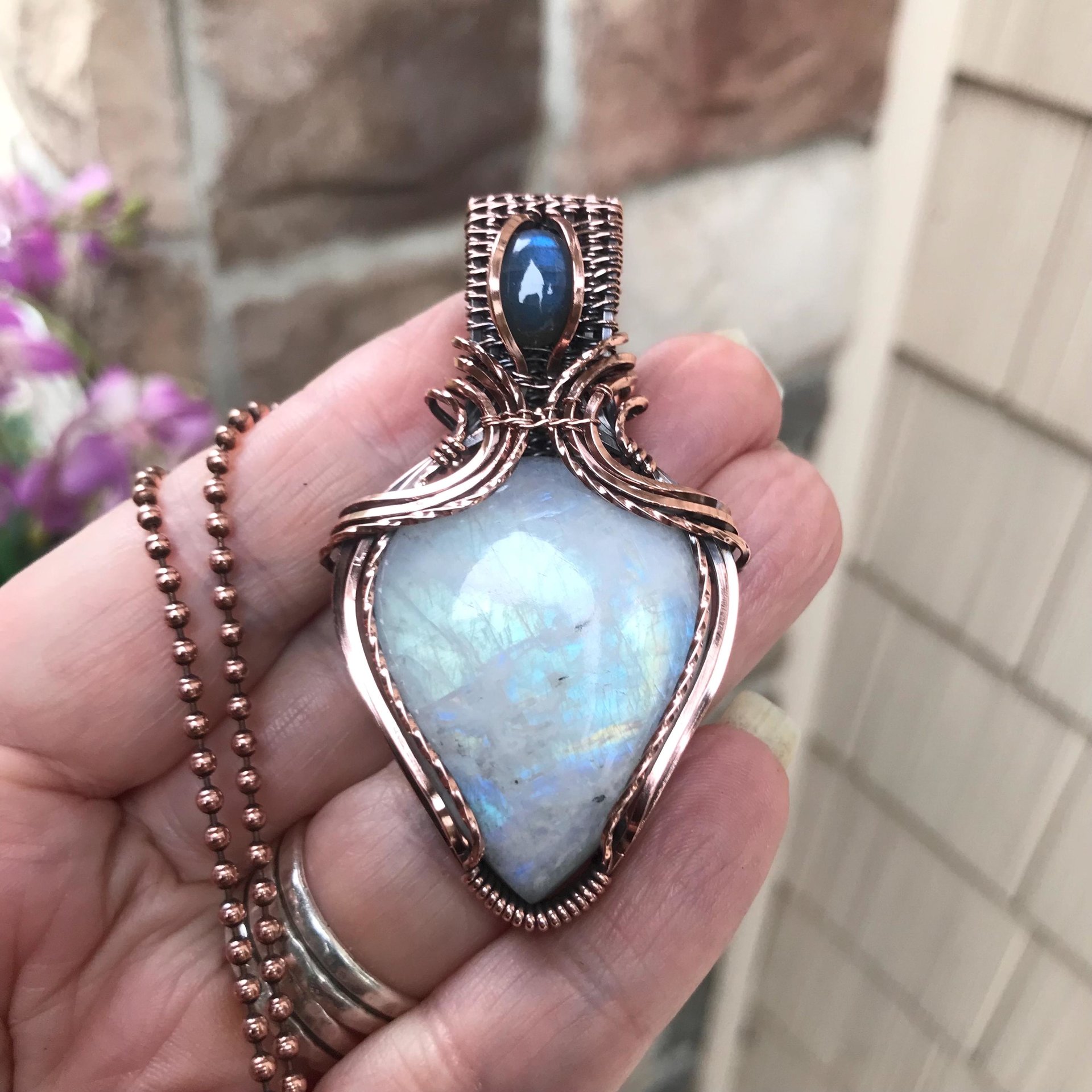 Moonstone & Blue Labradorite Copper Pendant with Weaving