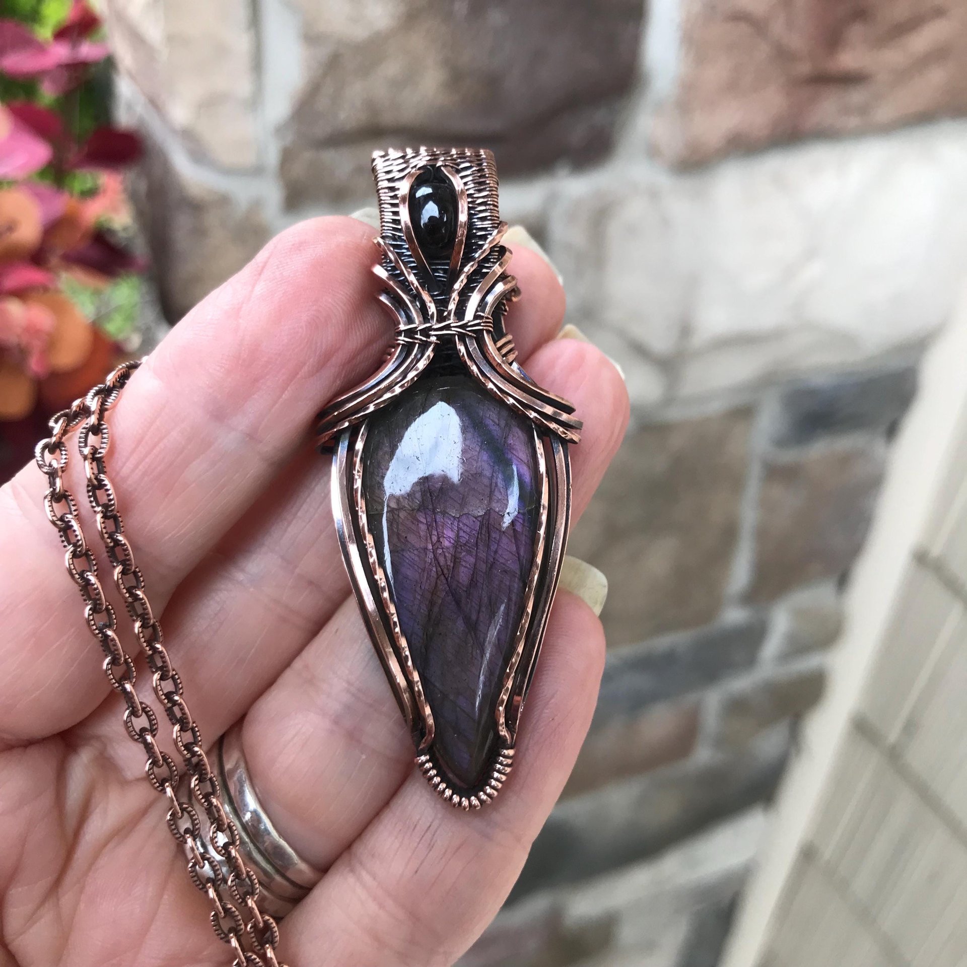 Purple Maroon Labradorite & Garnet Copper Pendant with Weaving
