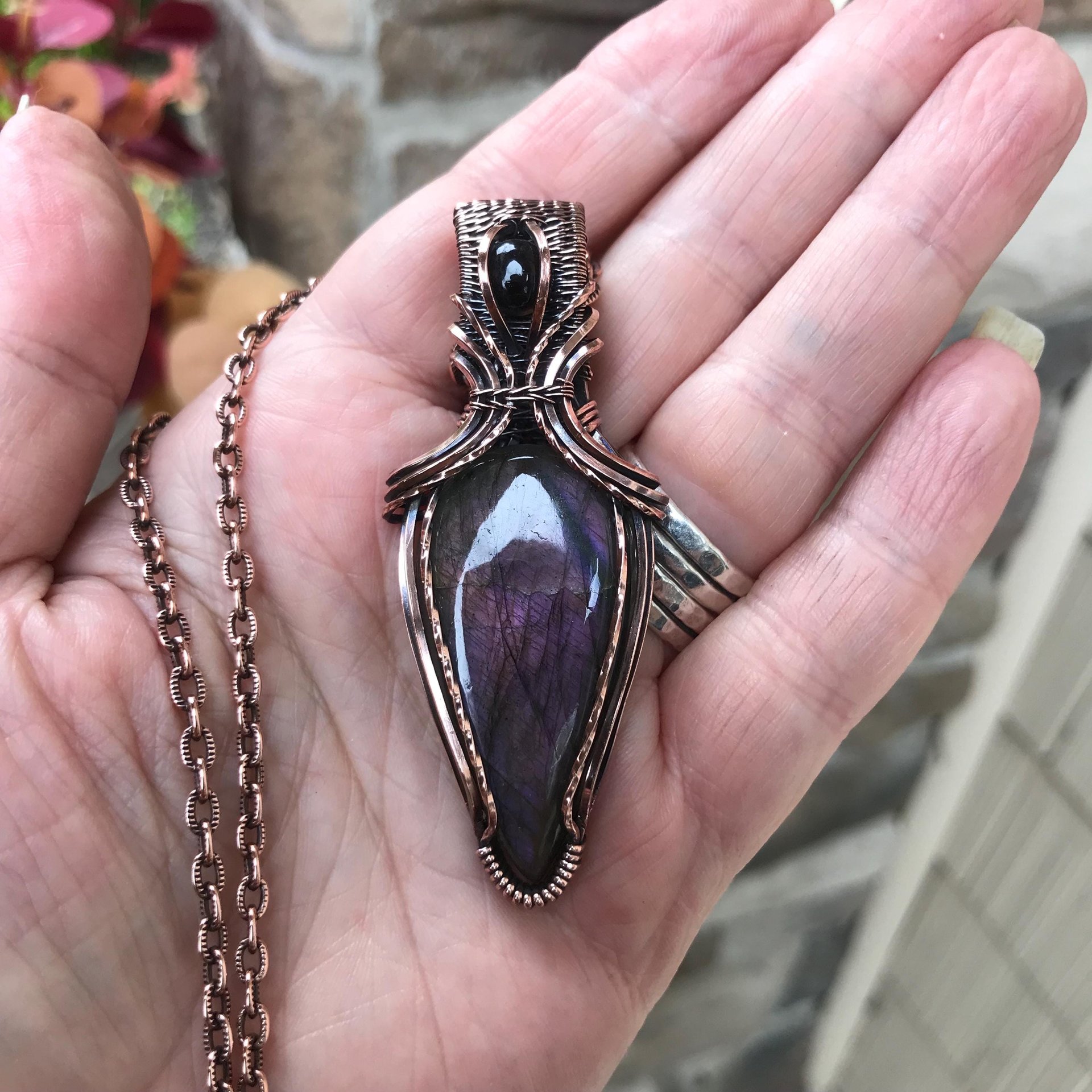 Purple Maroon Labradorite & Garnet Copper Pendant with Weaving