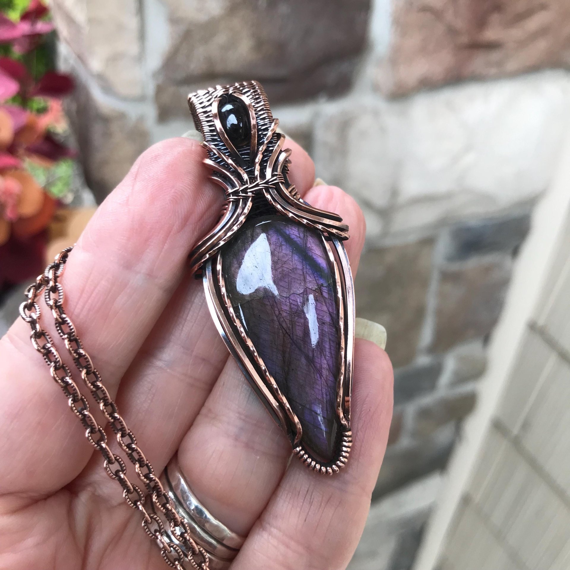 Purple Maroon Labradorite & Garnet Copper Pendant with Weaving