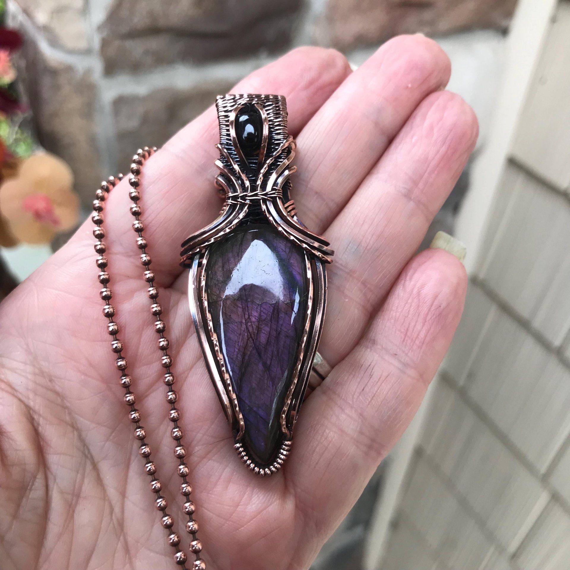 Purple Maroon Labradorite & Garnet Copper Pendant with Weaving
